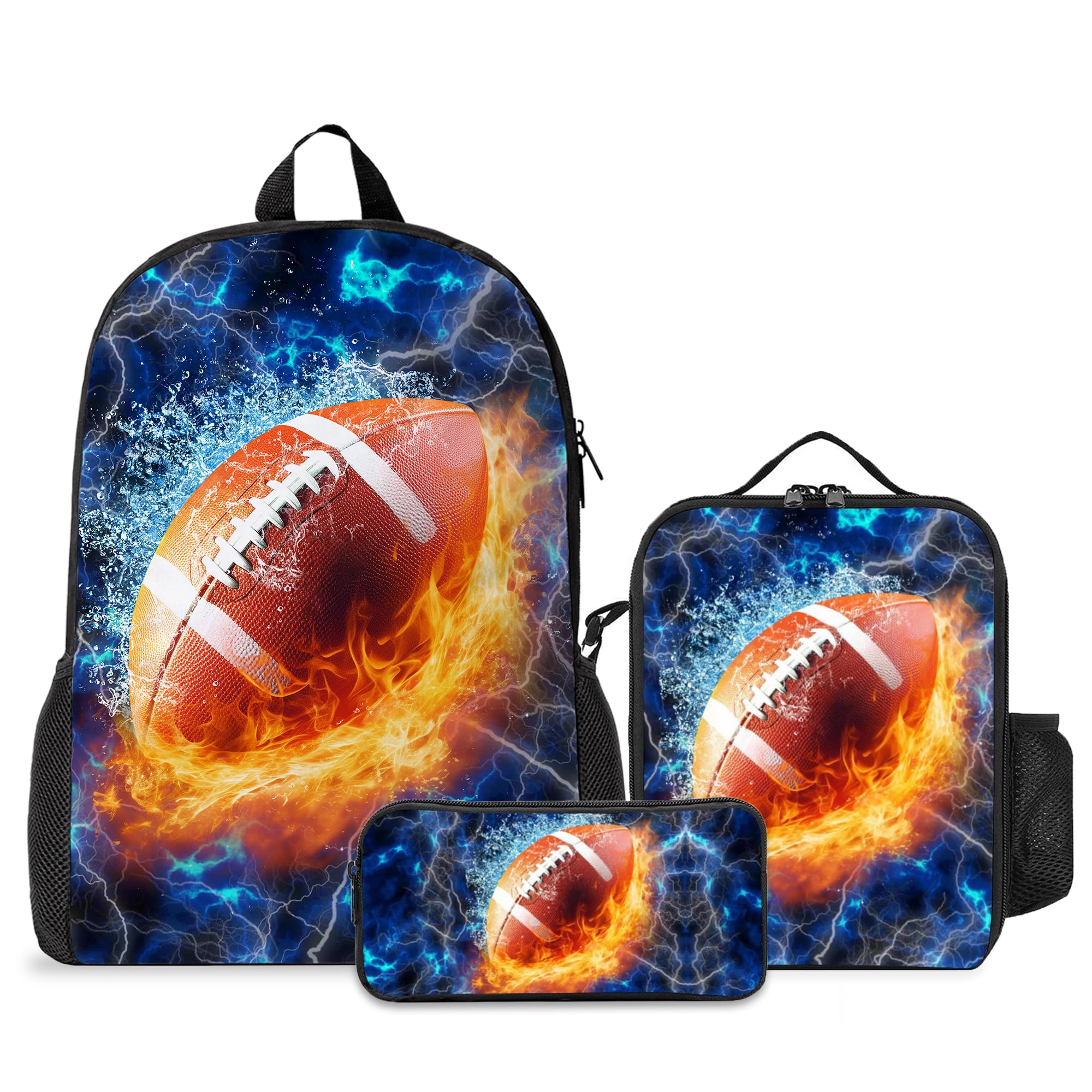 Boys Girls Backpack with Lunch Box Pencil Case, 3Pcs Backapack for Kids Teen, School Backpack Set Bookbag School Bag for Student Middle High School, Back to School Gifts ? Football Blue ?