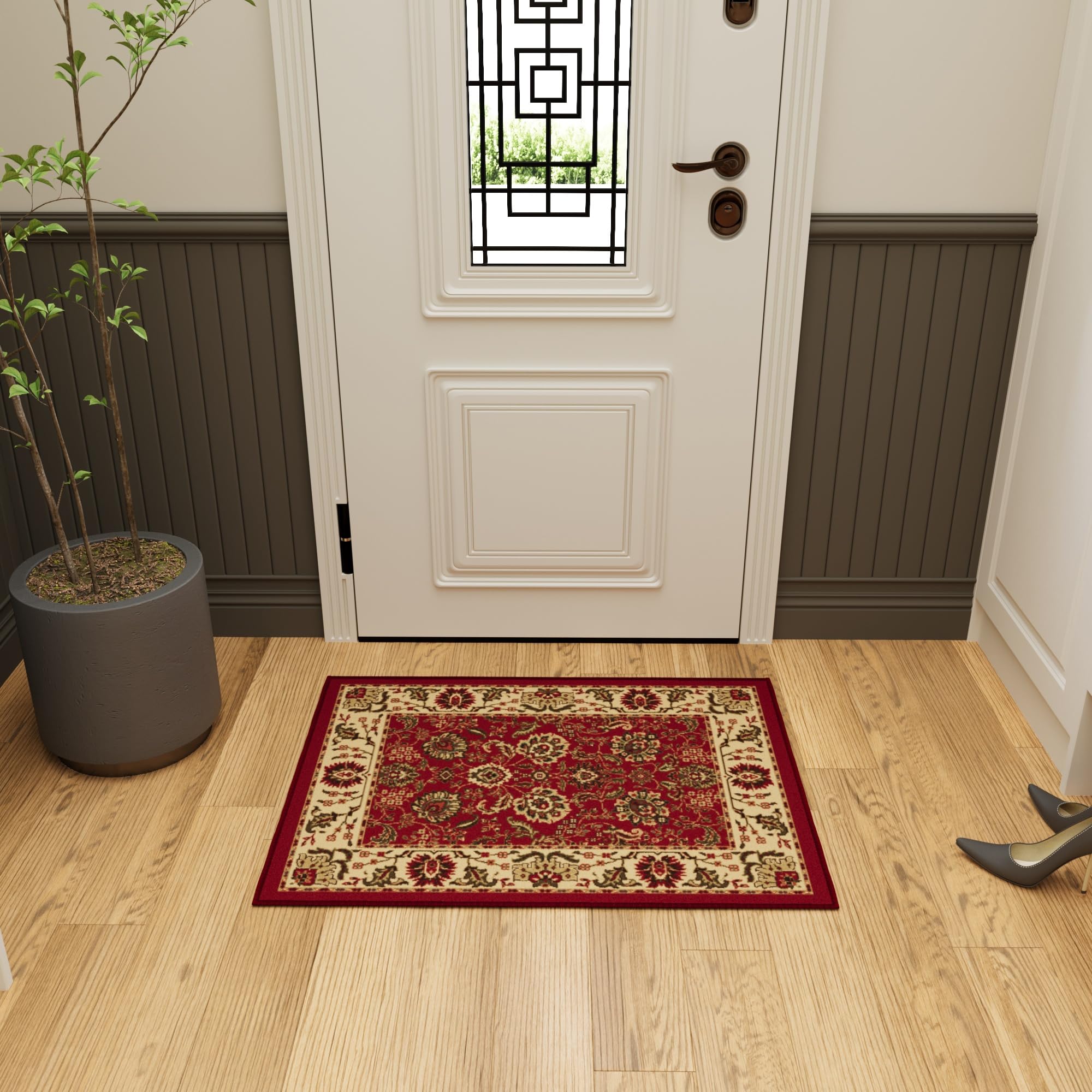 Ottomanson Rugs for Entryway 2'3" x 3' Non Slip Oriental Small Area Rugs Durable Front Door Mat Rug Stain Resistant Entrance Rugs for Bathroom Kitchen Bedroom & Living Room, RedOEKO-TEX STANDARD 100