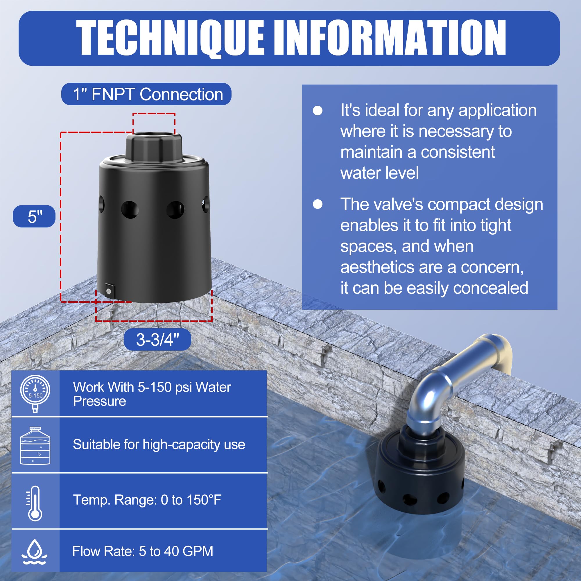Float Valve For Water Tank Designed for Water Level Control, Auto Filling&Shut Off, Durable Nylon Resin Water Trough Float Valve for Livestock tank,Stock Tank,Aquariums etc Black 1pc