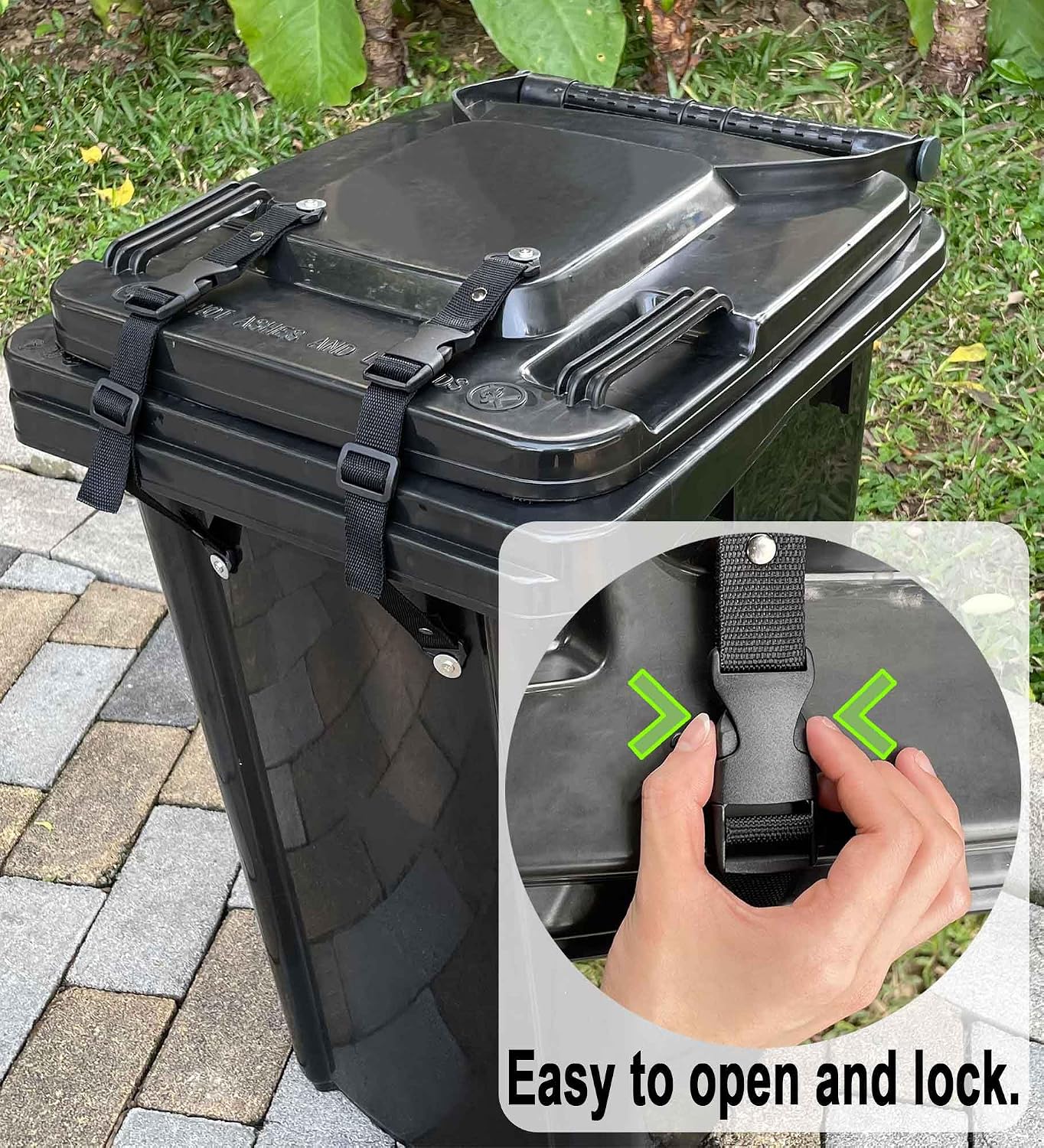 Adjustable Trash Can Lid Lock Strap, Security Strap Use for Locking Outdoor Waste Bin, Animals Proof Straps for Garbage Can, 2 Pack