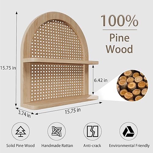 Miniatura 3 de Estante de pared de ratán con forma de abanico de 2 niveles, estante de guardería para almacenamiento de pared, estante de pared de mimbre de madera