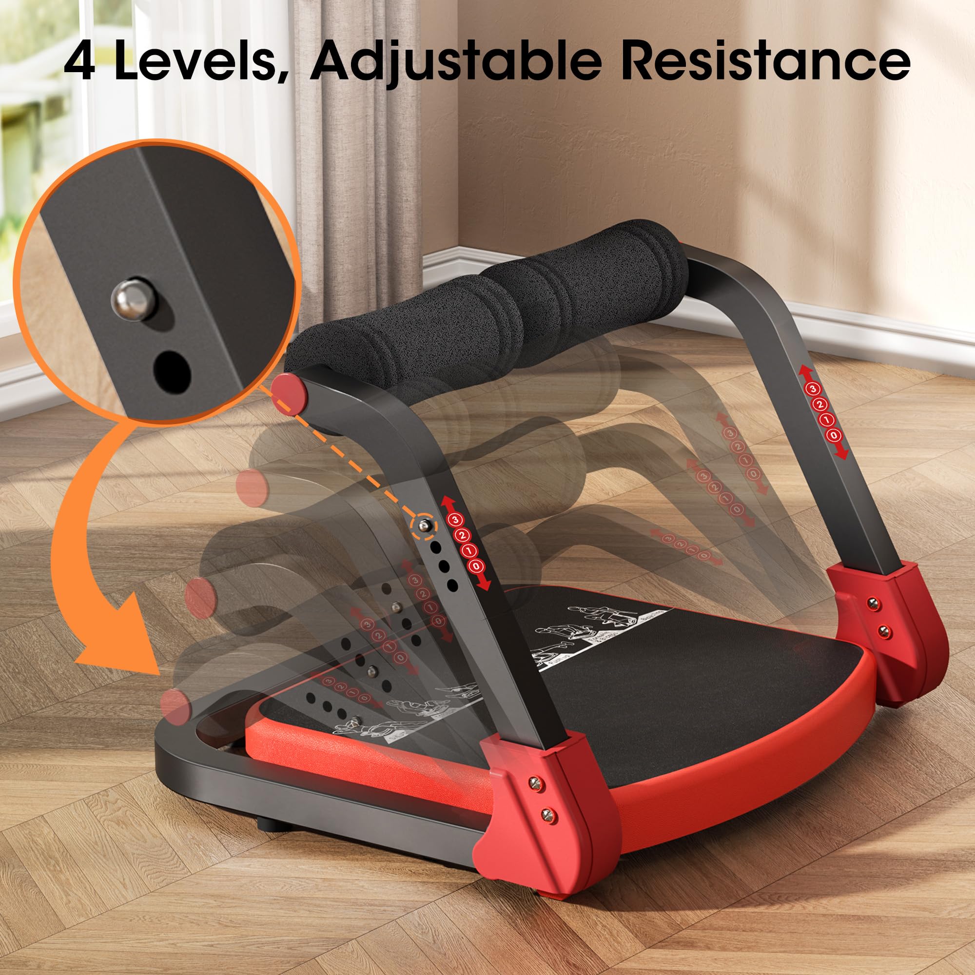 Bauchtrainer, Sit-Up Gerät mit zwei Zugseilen, 4-fach einstellbarer Widerstand, automatischer Rückprall, Ab Trainer für Zuhause und Fitnessstudio
