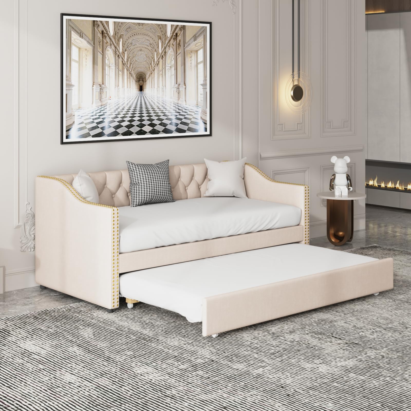 PerGar Sofá cama tapizada y extensible 90/180 x 200 cm, cama juvenil con somieres, multifunción para invitados, estructura de lino beige
