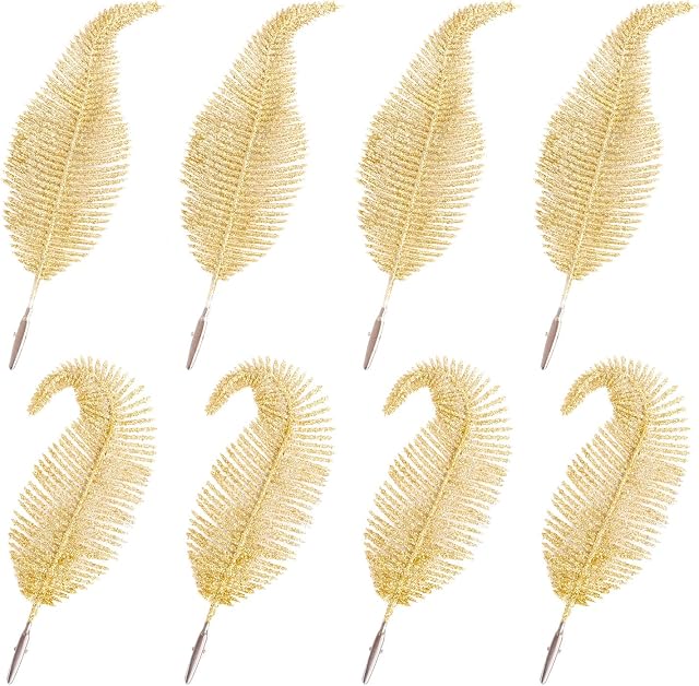 8 Pcs Christmas Tree Decoration Clip on Feather, Christmas Bauble for Tree Decoration, Christmas Glittery Ornament, Christmas Leaves Simulation for Party Festival Decor (Gold)