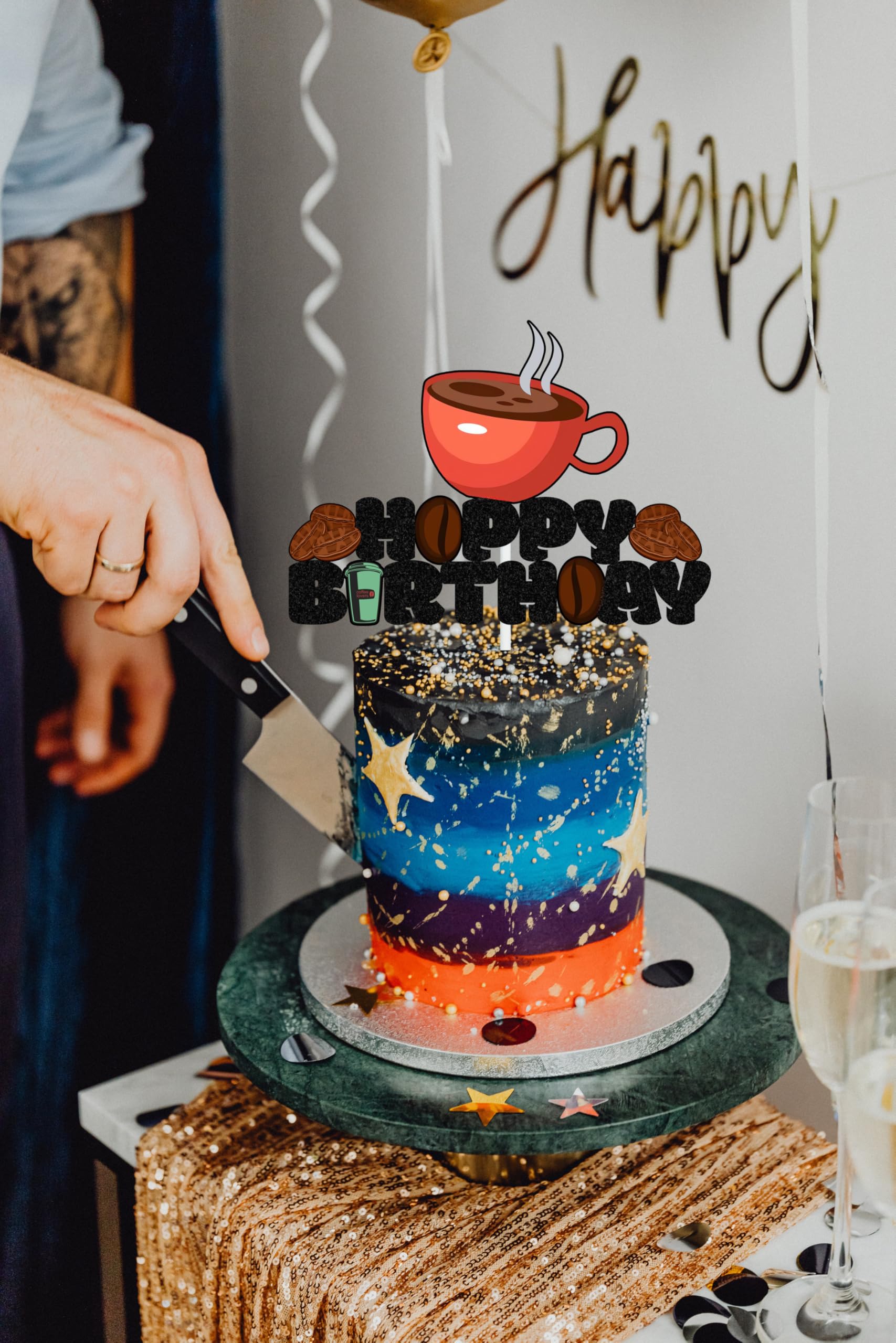 Coffee Themed Happy Birthday Cake Topper - 4.7x6.7 Inch, Cardstock, Pre-Assembled For Coffee Lovers