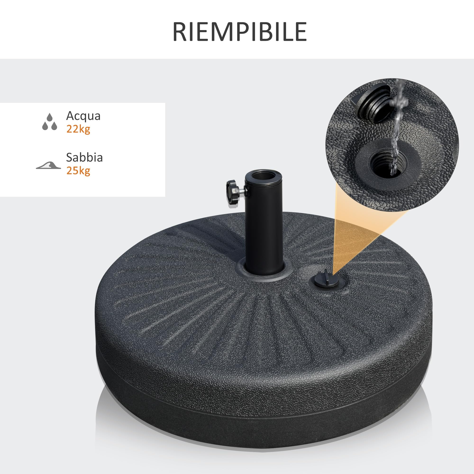 Outsunny Base per Ombrellone da Giardino con Palo Centrale Φ3.8cm e 4.8cm, Basamento per Ombrellone Riempibile con Acqua o Sabbia, Nero