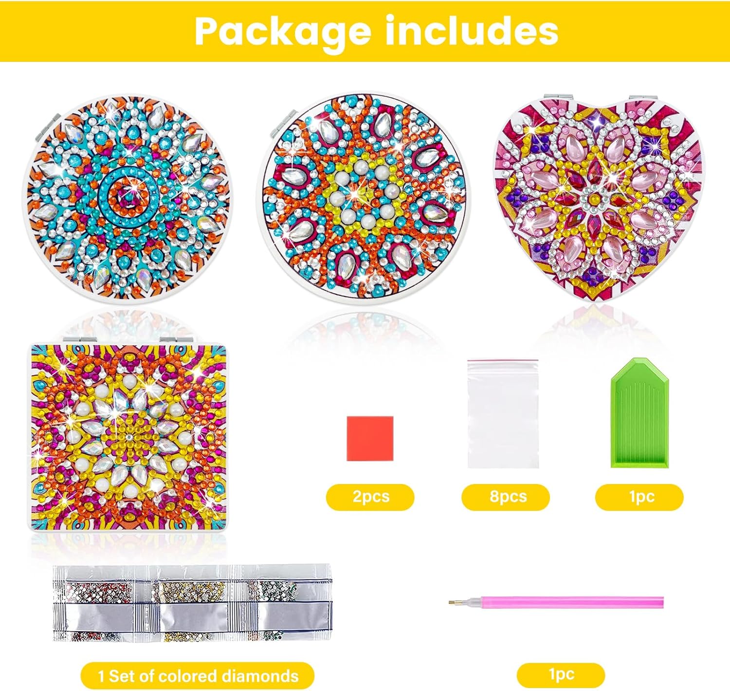 FILASLFT Diamond Painting Compact Mirror Crystal Makeup Mirror DIY Diamond Art Mirror Pocket Mirror Portable 4 Pcs Christmas Birthday Gifts for Women Girls(Mandala)