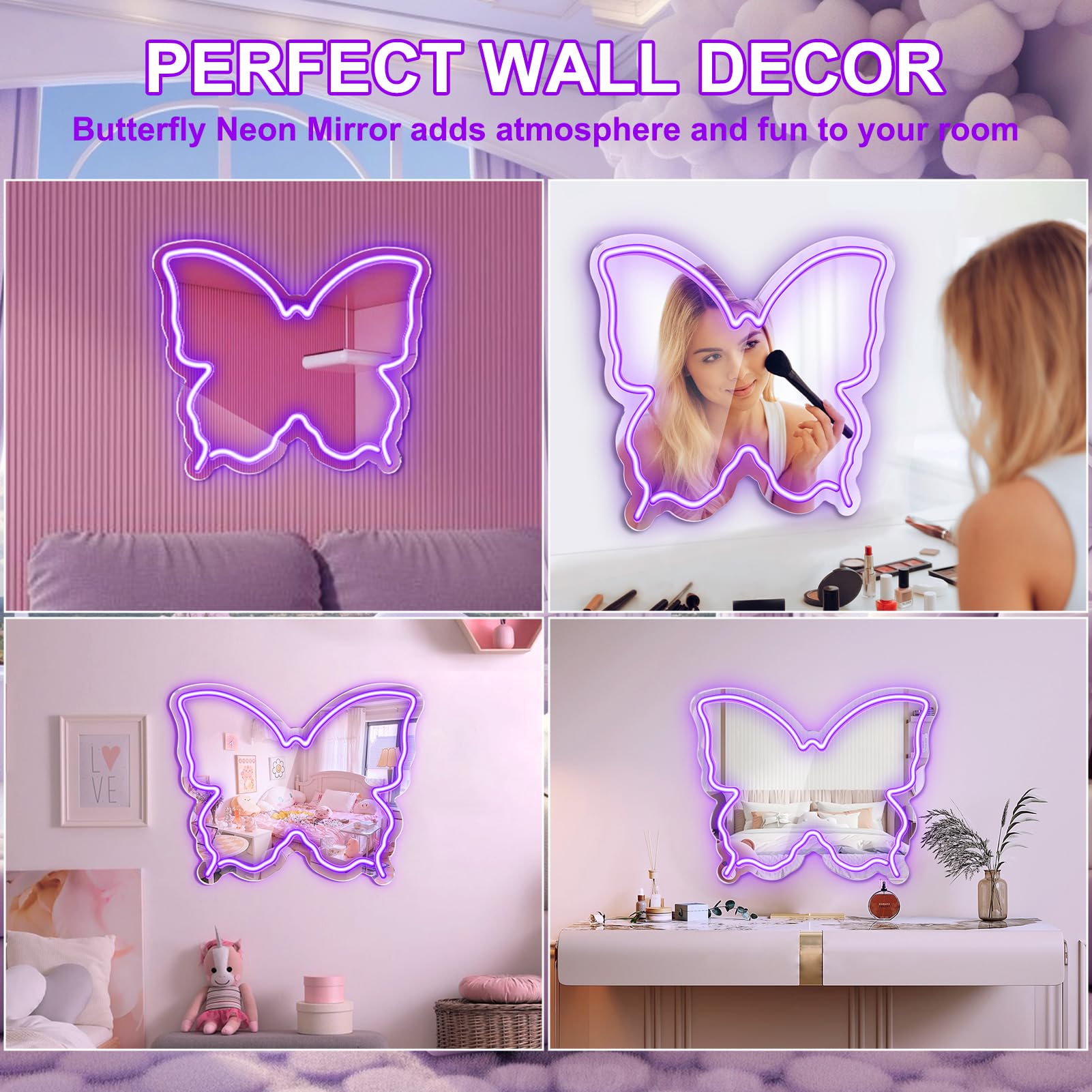 Butterfly Neon Signs Mirror Vanity, 15.75''x 12'' Cute Girls Purple Neon Light Adjustable Brightness - Image 3