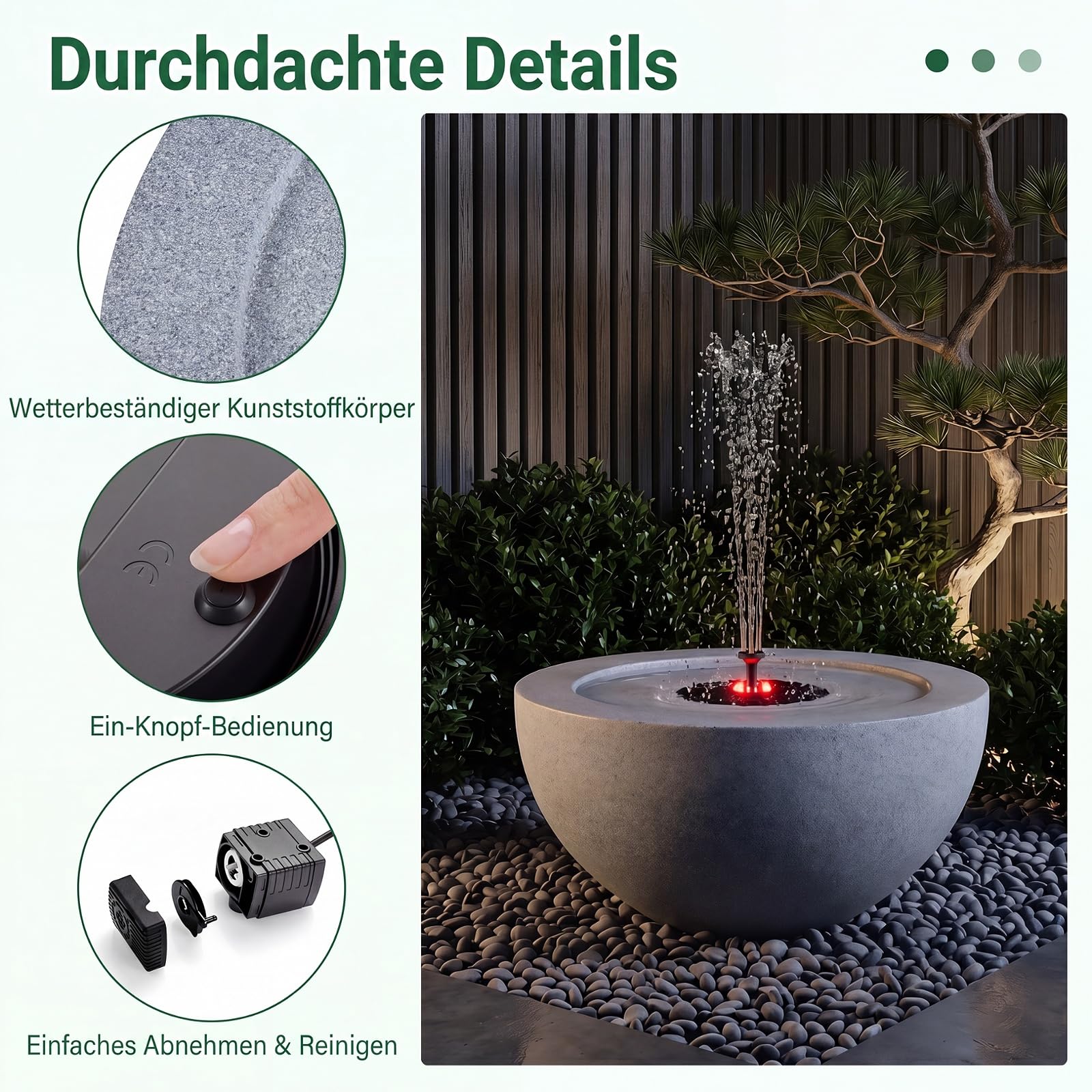 COSTWAY Solarbrunnen für draussen, Solar Springbrunnen mit LED Beleuchtung in 7 Lichtfarben & 4 Düsen, Gartenbrunnen Marmoroptik, Brunnen Solar Outdoor, für Garten Balkon Terrasse, 50,5 x 50,5 x 25 cm