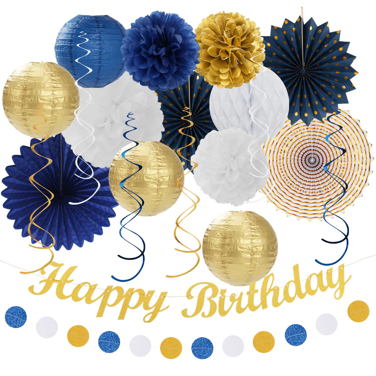 Navy-Blue White Gold Birthday Party-decorations - 21pcs Men Boys Adult Happy Banner Garland, Royal Paper Streamers Lanterns,Flower Tissue Pom Poms Fan
