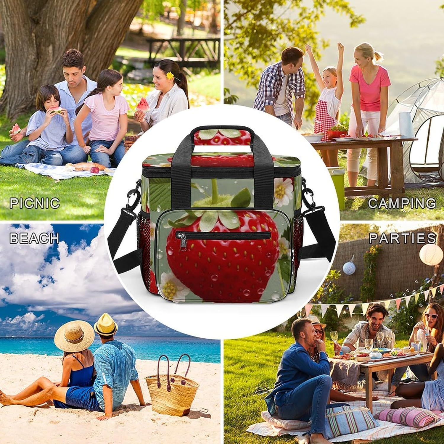 Lovely Strawberry Cooler Bags Portable Soft Cooler Bag Lightweight Ice Chest Insulated Lunch Bags Camping Cooler Bag Cooler Lunch Tote Coolers for Picnic Travel Beach