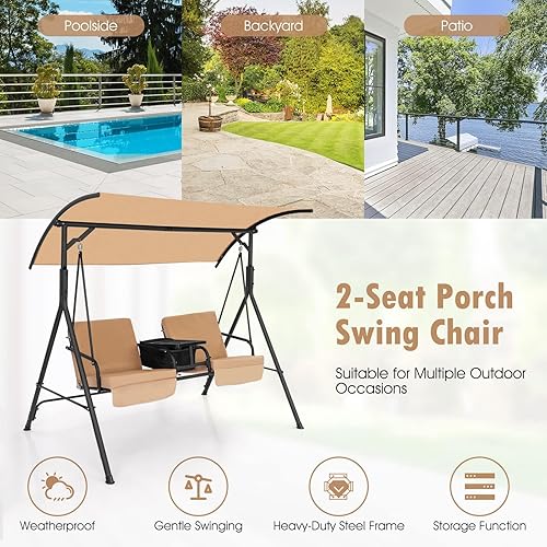 Miniatura 5 de Happygrill Columpio de porche para 2 personas con toldo, columpio de patio al aire libre con bandeja central y bolsa de refrigeración de 6 galones,