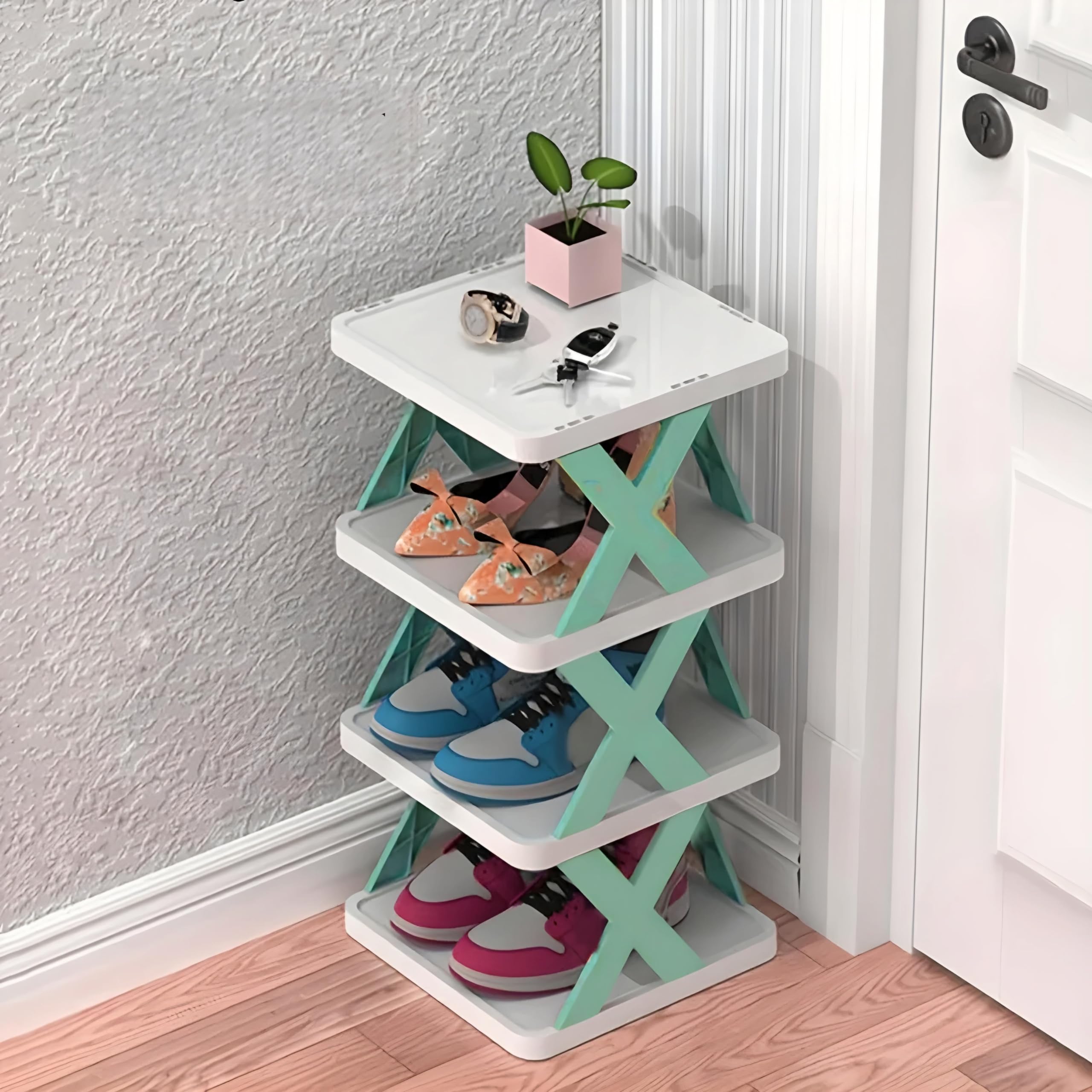 NYALKARAN Multi-Purpose Stackable Shoe Rack Adjustable Slots Shoe Organiser (Green, 4 Layer)