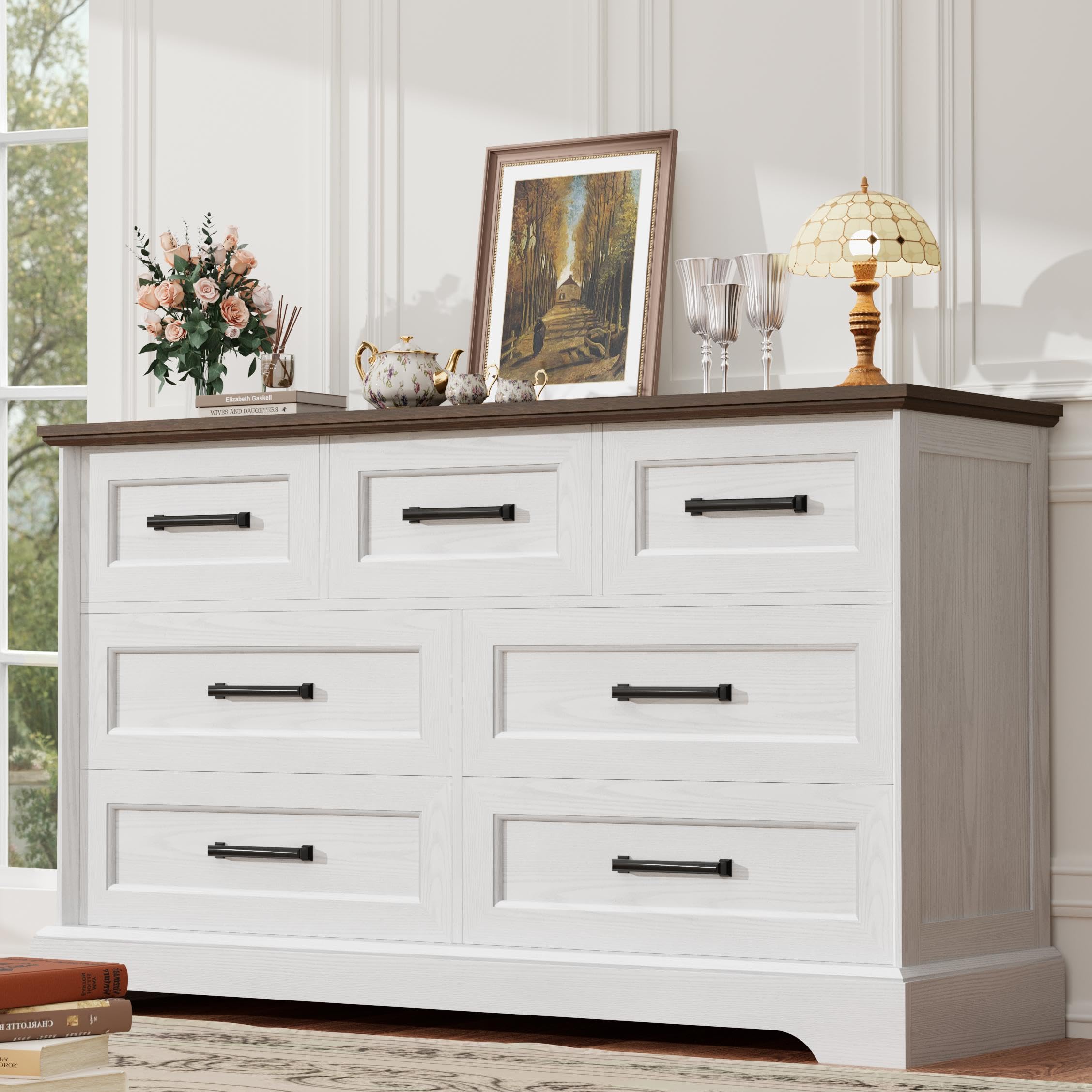 YESHOMY Dresser for Bedroom, Farmhouse 7 Drawers Dressers, White and Brown