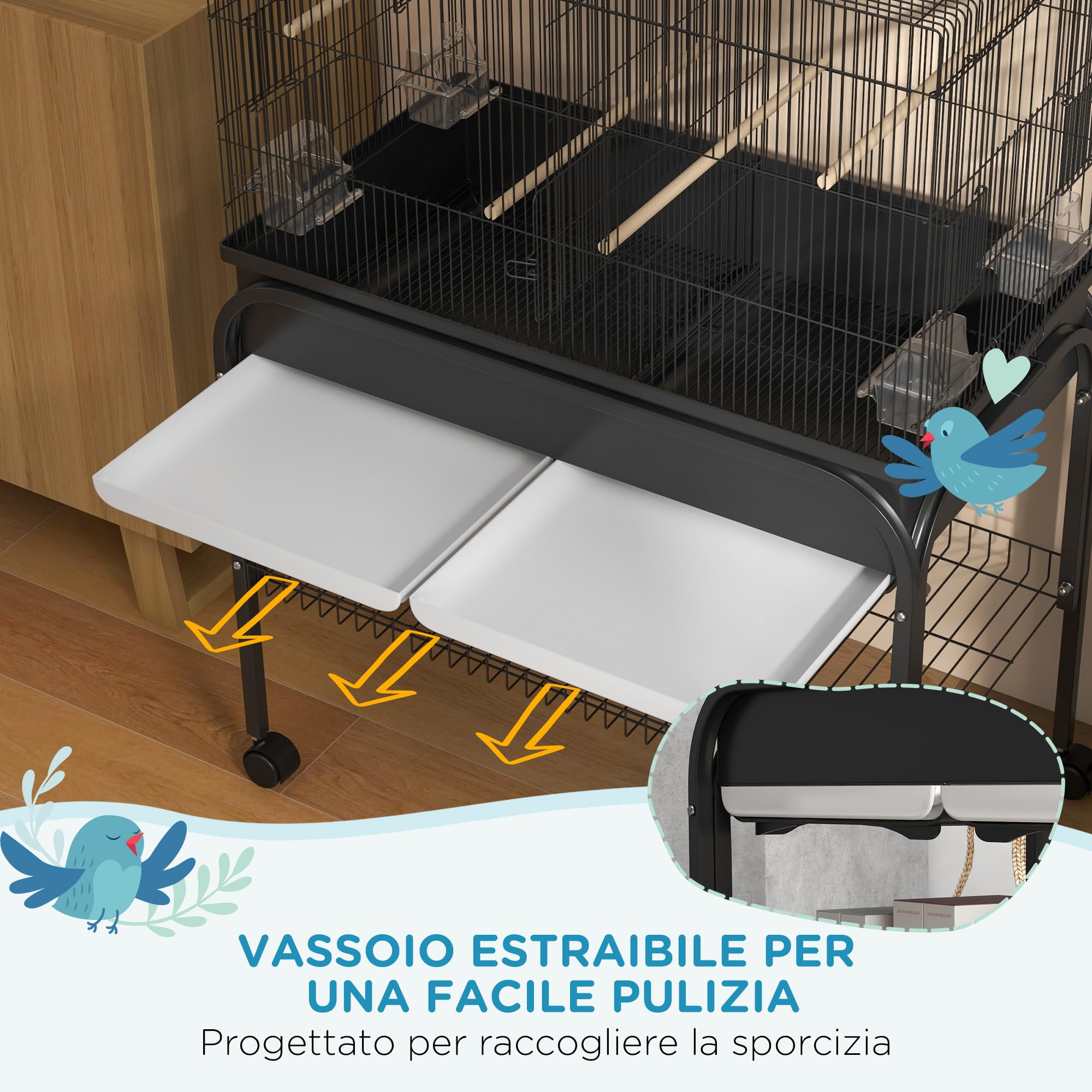 PawHut Gabbia per Uccelli da Interno con Vassoio, Ripiano e Ruote, Voliera in Acciaio per Cocorite, Canarini, Calopsitte e Pappagalli, 85x49x119 cm, Nero