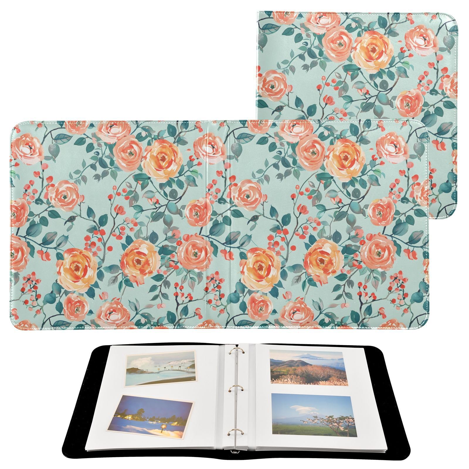 JIPONI Plain Wotercolor Rose Large Photo Album, DIY Leather Cover Scrapbook Albums for 4x6 5x7 6x8 Pictures, Self Adhesive Memory Book for Wedding, Baby, Family