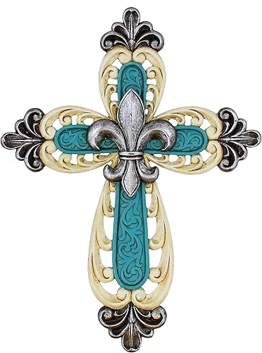 Ornate Fleur De Lis Layered Cruz de pared decorativos scrolly DetailsBlanco Antiguo & Teal con Finials de plata