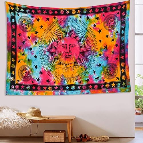 Miniatura 3 de ANJANIYA Tapiz de mandala de teñido anudado, celestial, sol, luna, estrella, planeta, bohemio, tarot, tapiz bohemio para colgar en la pared para