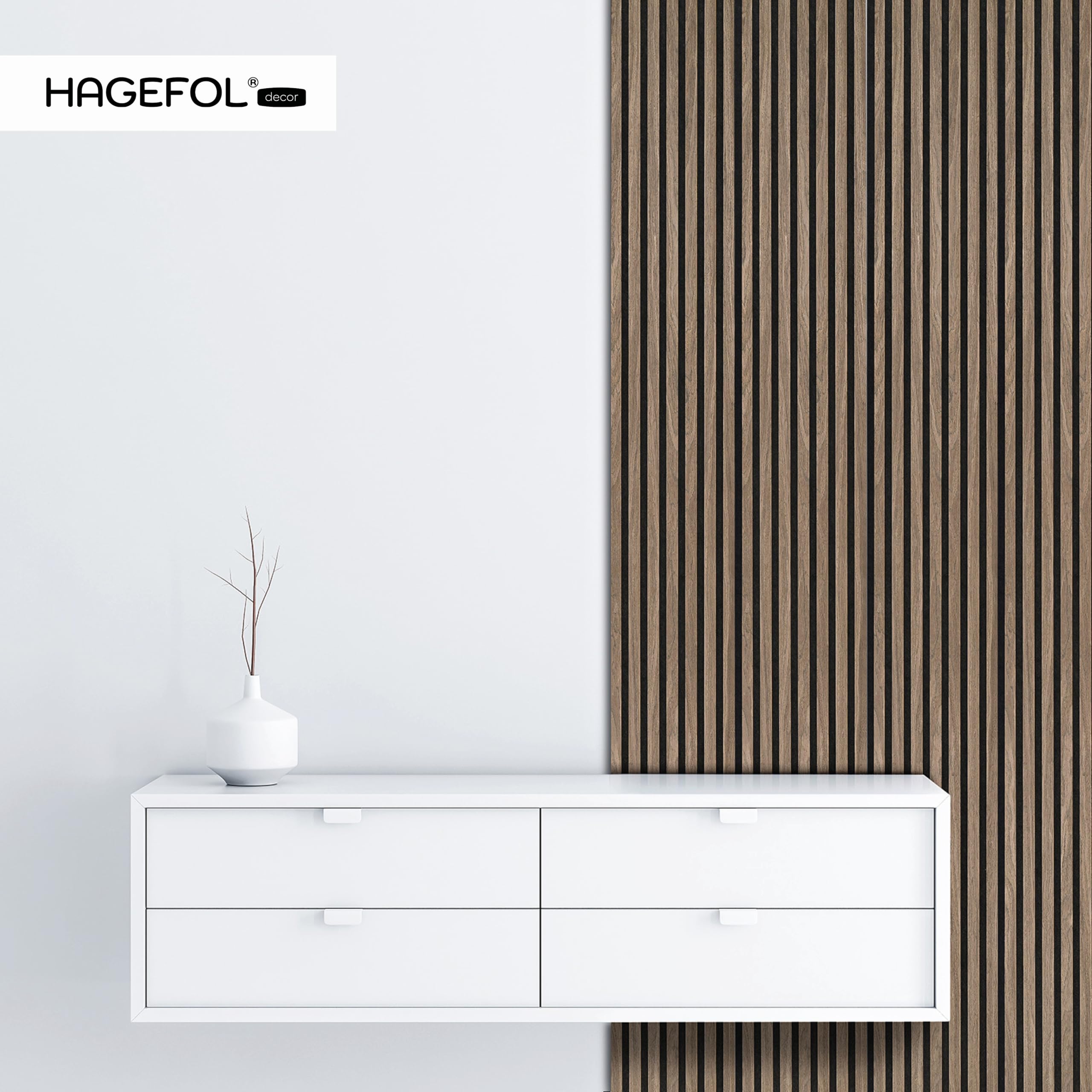 HAGEFOL® Akustikpaneele selbstklebend 240x56 cm, Farbe: Walnuss, Wandpaneele Holz Optik Wanddeko, 3D Lamellenwand Schallschutzplatte aus Holzfurnier auf Akustik Filz (2 Stück, 240x28cm im Paket)
