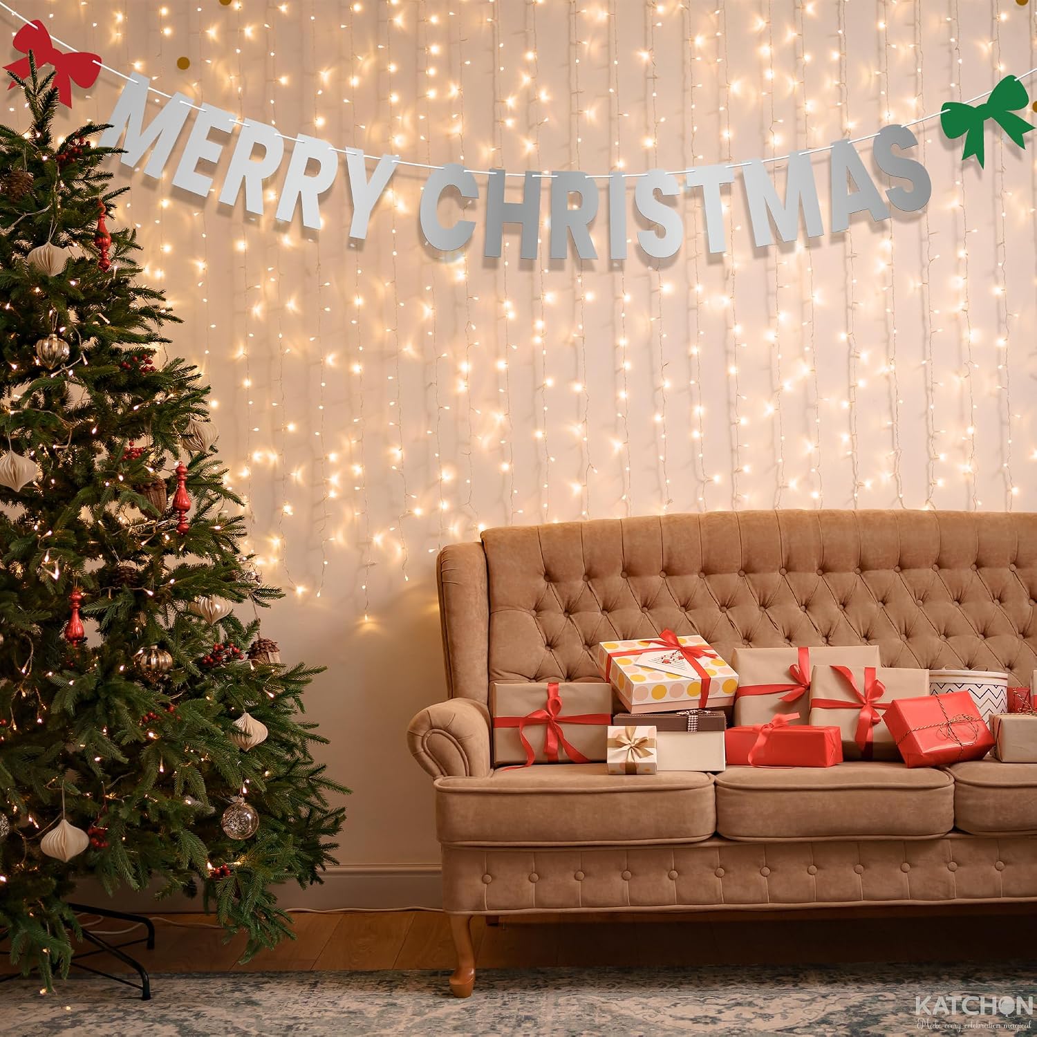 KatchOn, Merry Christmas Banner Indoor - Large 10 Feet | Fireplace Banner for Christmas Decorations Indoor | Silver Garland For Xmas Decorations | Xmas Party Decorations