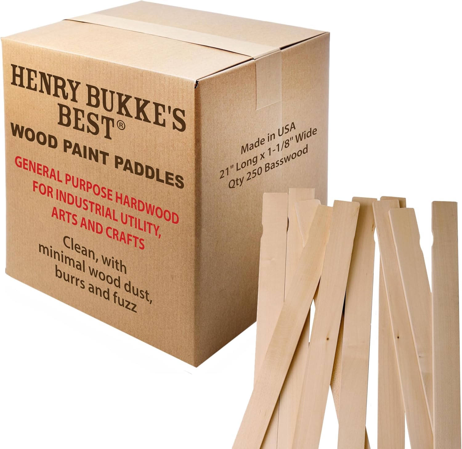 Henry Bukke's Best American-Made Basswood Paint Stir Sticks, Bulk 250 Count, 21" x 1-1/8" x 1/4", Professional-Grade Mixing Paddles for 5-Gallon Buckets, Industrial Use, Art & Craft Projects