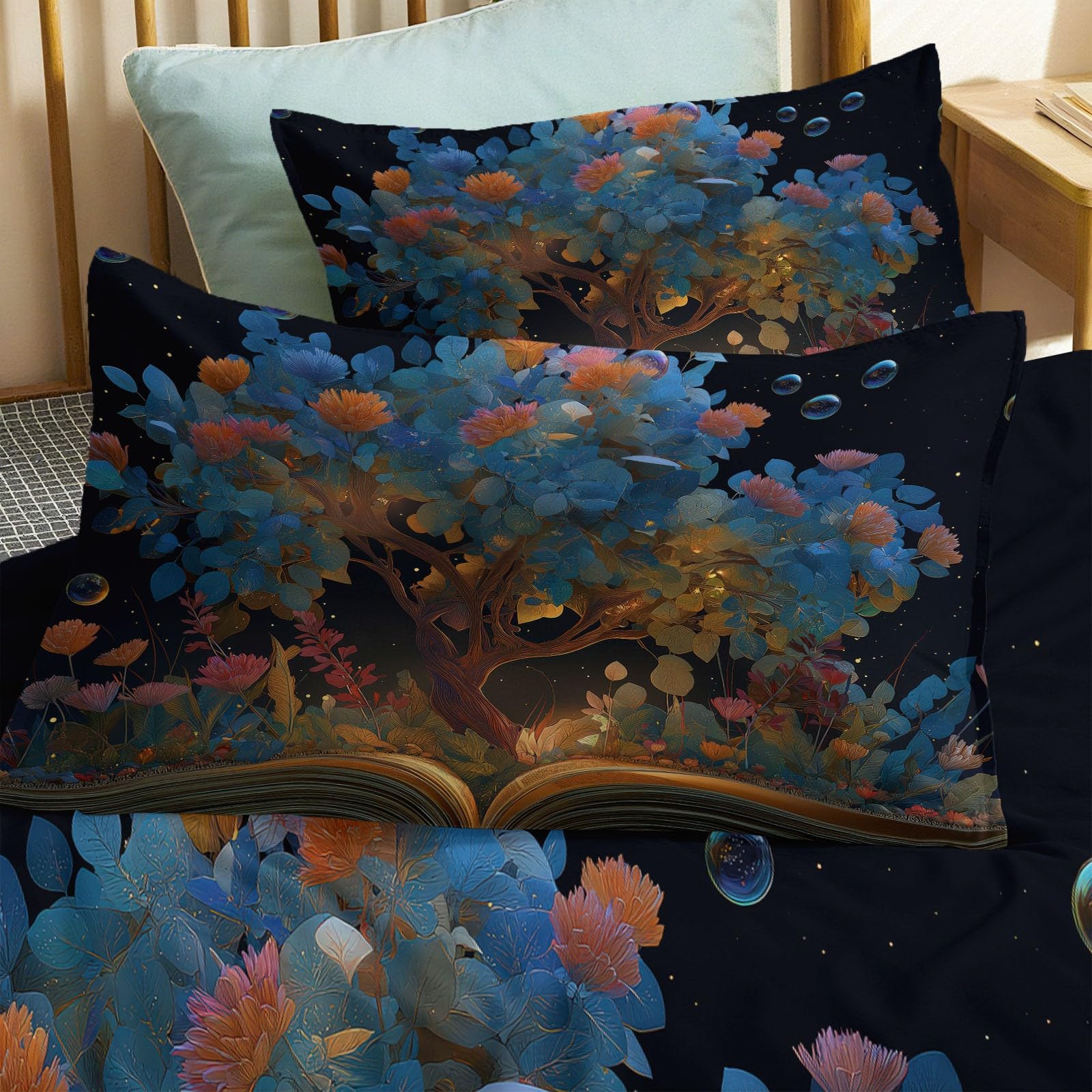 Poszwa na kołdrę 240 x 220 cm fantazyjna książka magiczne drzewo dwustronny zestaw pościeli, 2 poszewki na poduszki 65 x 65 cm - czarna miękka i oddychająca poszwa na kołdrę wystrój pokoju