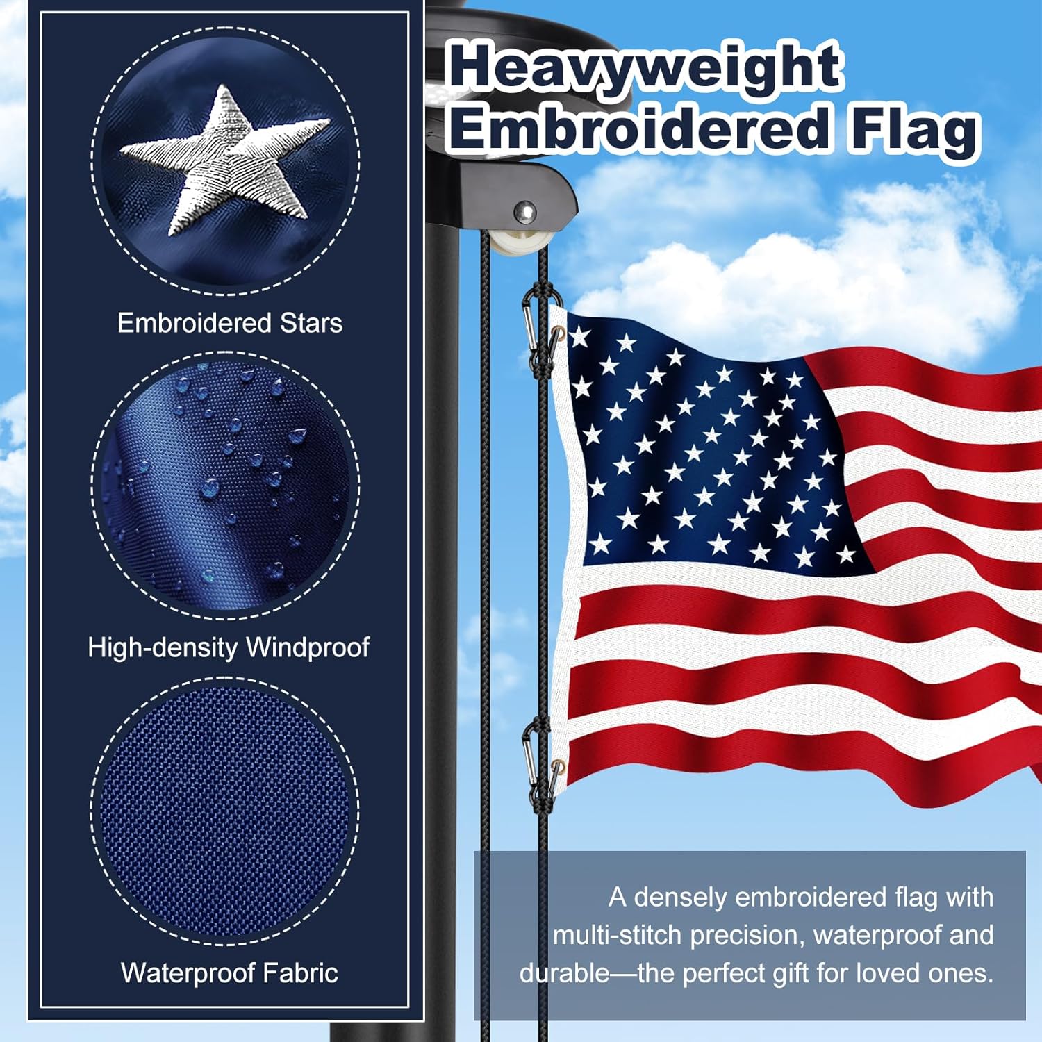 25FT Heavy Duty Flag Pole with Light for Outside House, Thickened 12-Gauge 50 KSI / 100 HBW Hard Aluminum, Upgraded 128 LED Solar Light & Embroidered Flag for Outdoor Residential & Commercial Use