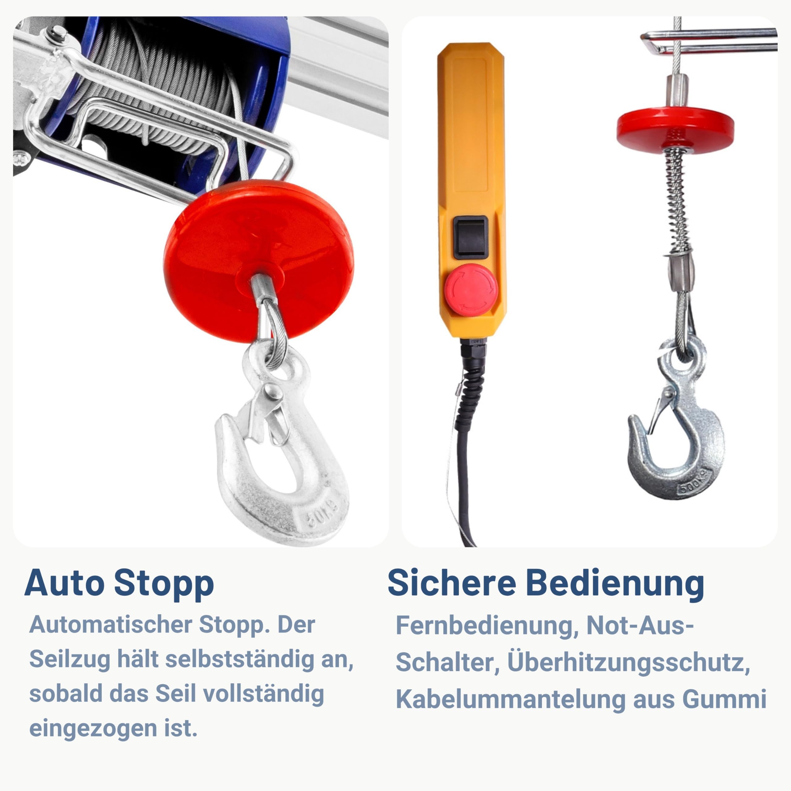 Pallit Seilwinde Elektrisch 230v Tragkraft 250 kg/12 m | 500 kg/6 m (Einzel-/Doppelhaken) inkl. Kabelfernbedieung mit 1,6 m Kabellänge HOIST Seilzug Seilhebezug Kettenzug Flaschenzug