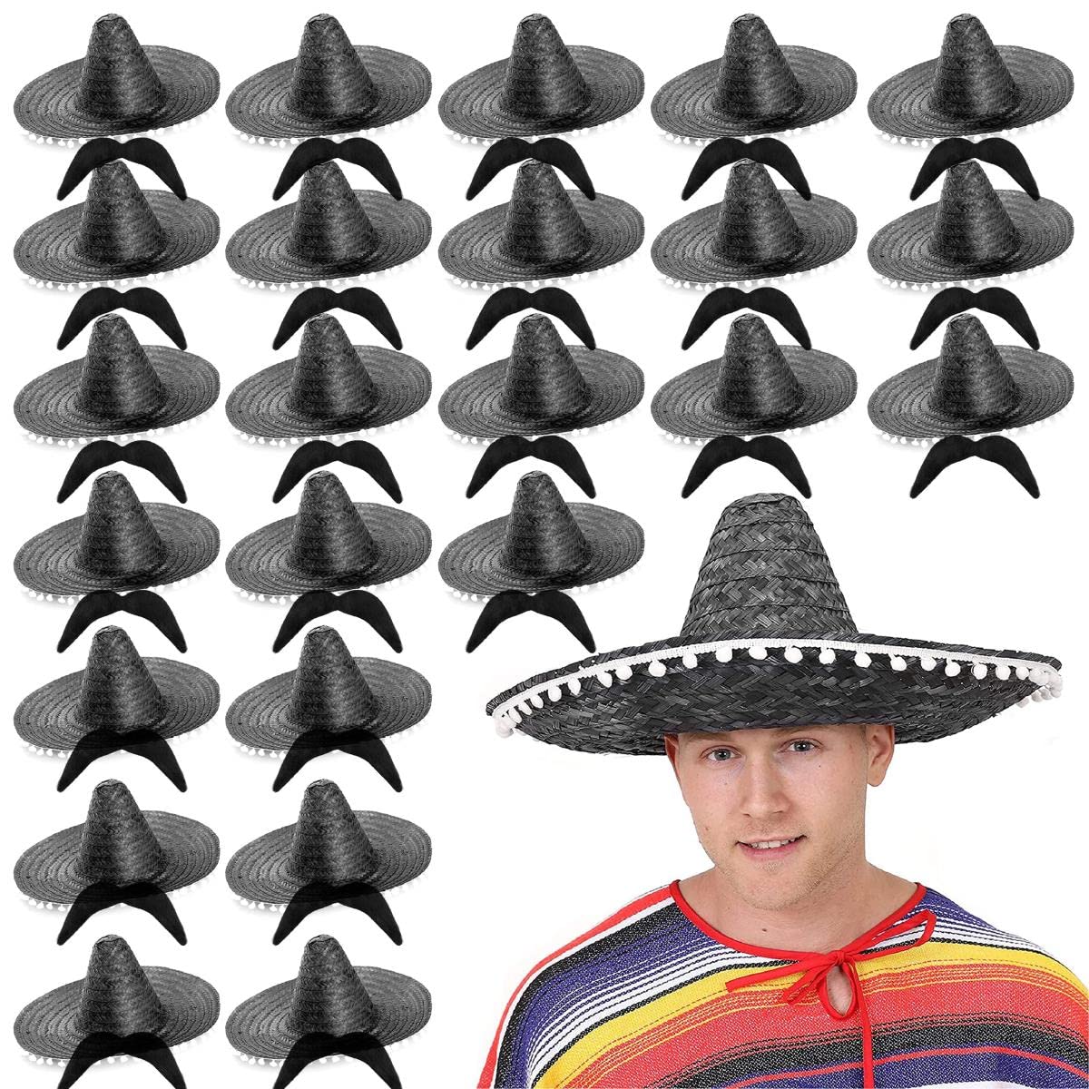 Mexican Sombero with Pom Pom Edges Fancy Dress Accessory With Moustache - Mexican Hat Straw Holiday Stag Night Clubbing Bandito - Black - Pack of 12