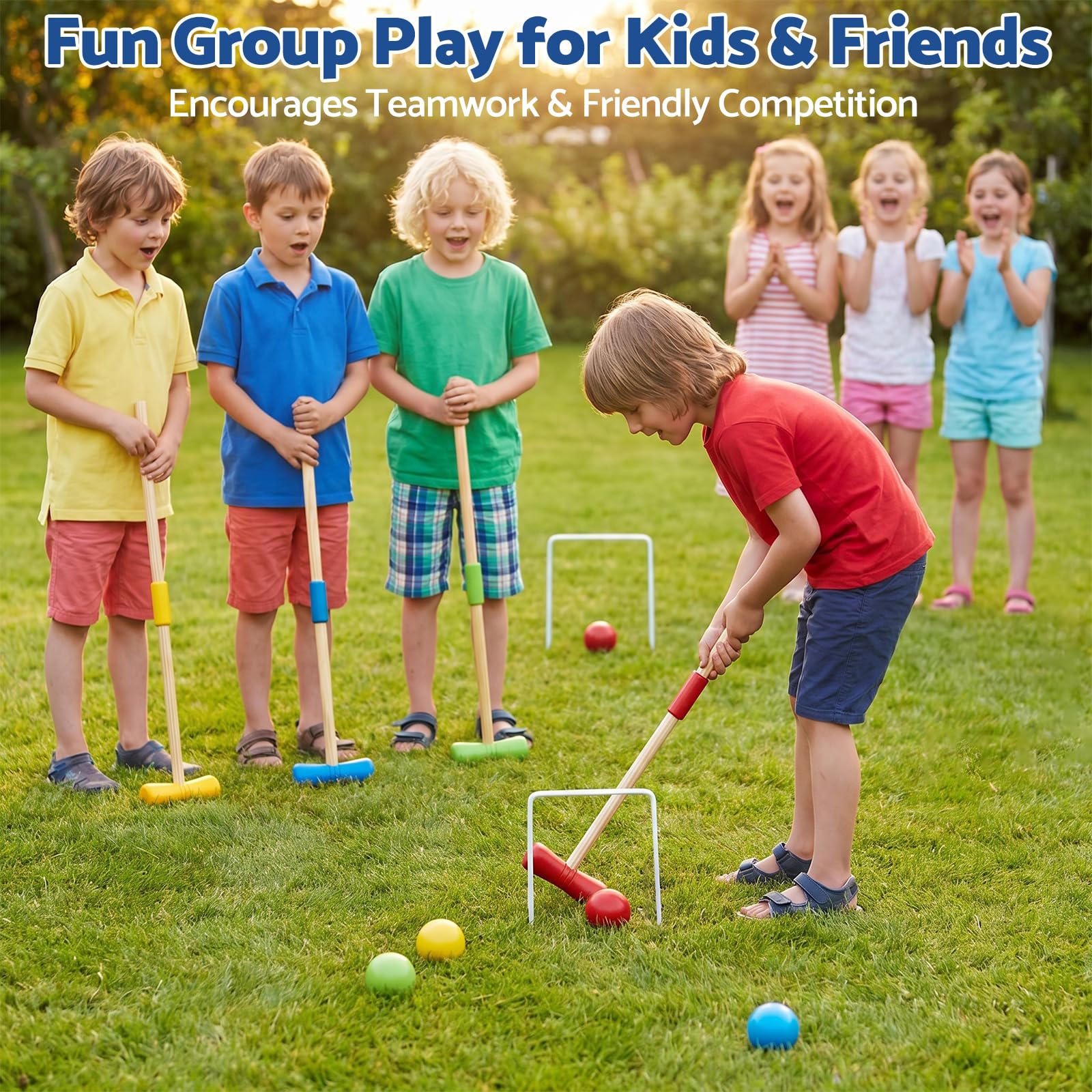 WOODENFUN Holz Krocket Set Spiel Crocket für 4 Spieler Kinder Erwachsene Außenbereich Krocketspiel Spielspaß für Jungen Mädchen ab 3 Jahren (Verschiedene)