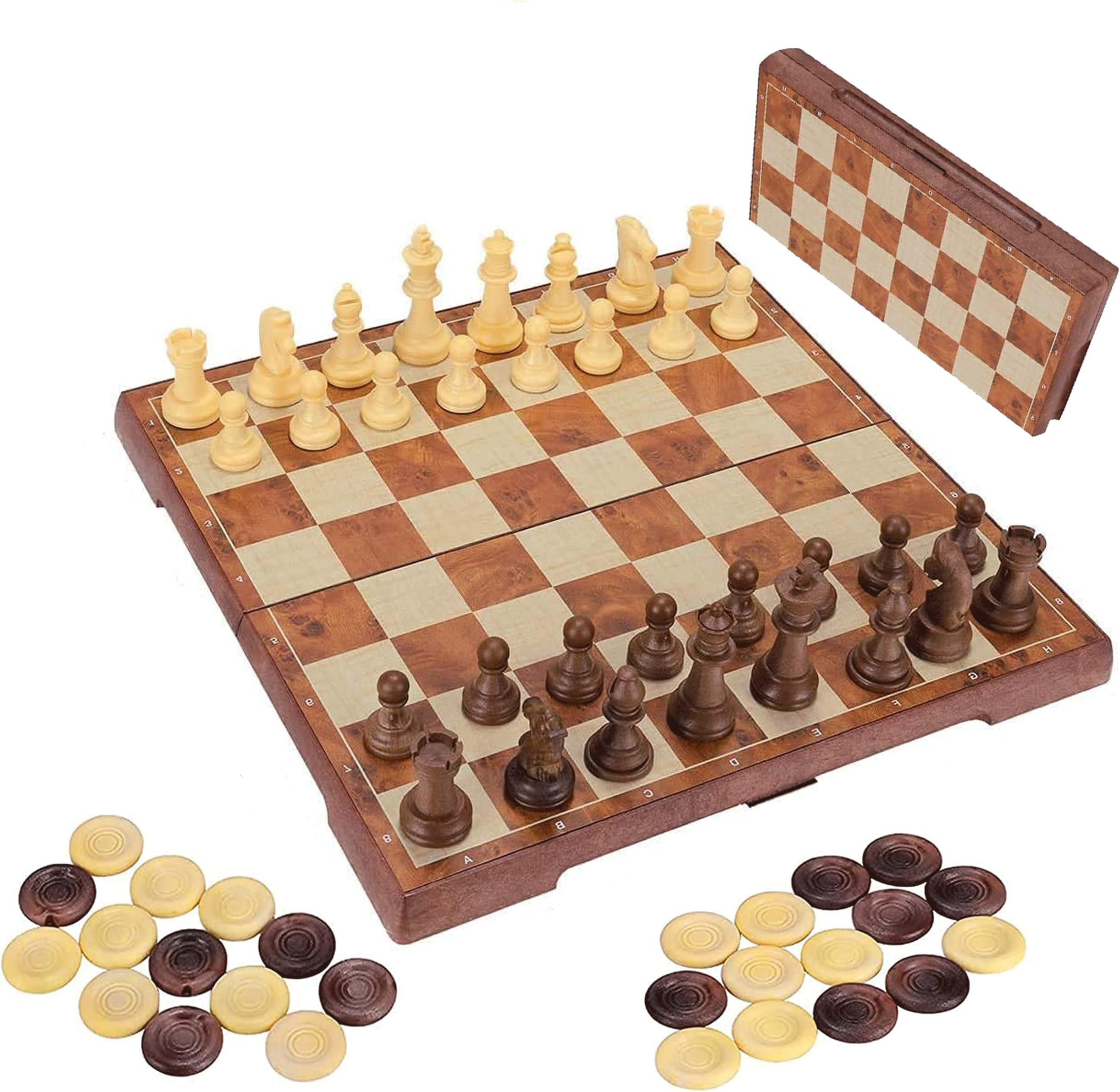 2 in 1 Chess Set - 12"x12" Hand-Carved Wooden Chess and Checkers set with Portable Folding Interior Storage Travel Chess Game Board