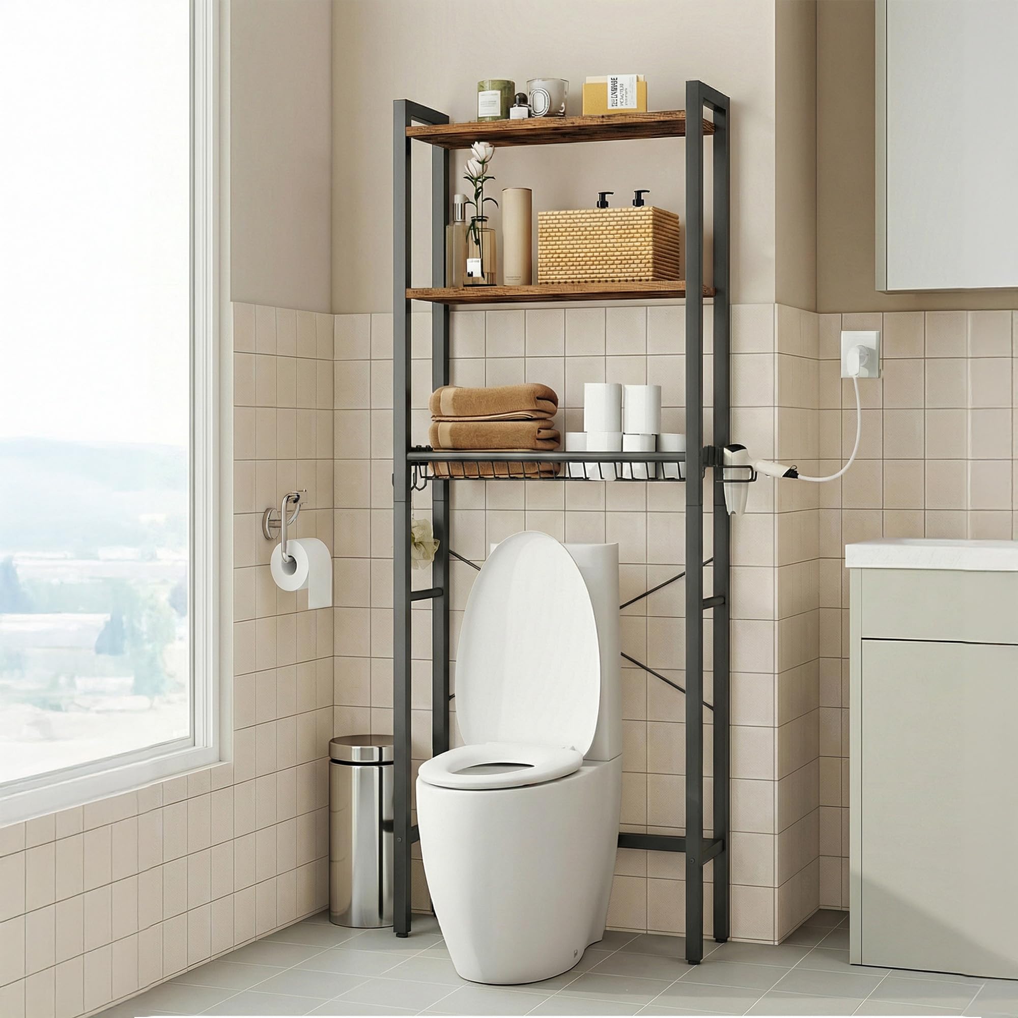 VASAGLE Over The Toilet Storage, Over Toilet Bathroom Organizer with Adjustable Shelves and Basket, 3 Hooks, Space Saving, 9.4 x 23.6 x 63 Inches, Rustic Brown UBTS113KD01S