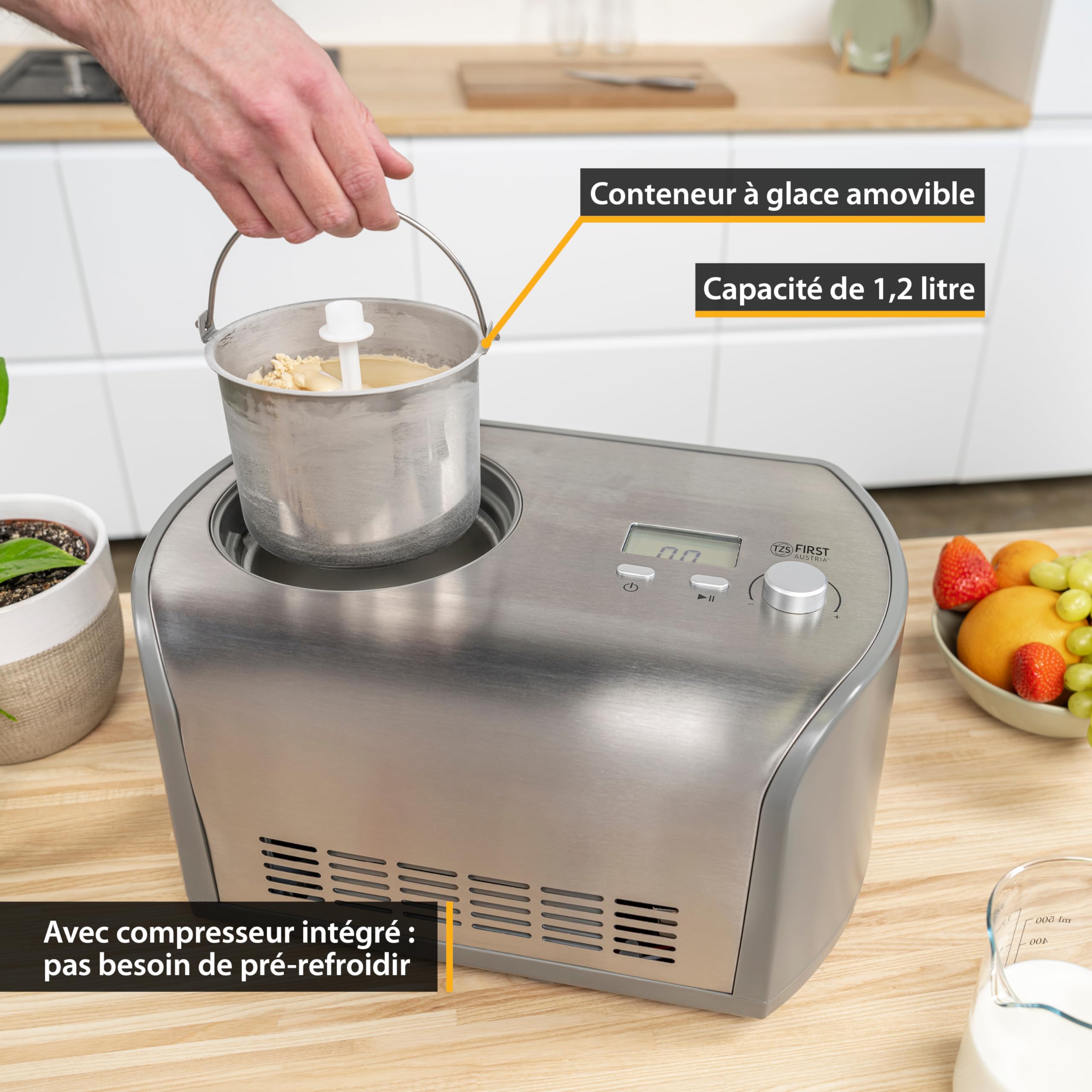 TZS First Austria Sorbetière 1,2L - 135W - Compresseur et Fonction Réfrigérante - Machine à Glace pour Crème Glacée, Sorbet ou Frozen Yogurt - Acier Inox - Gris
