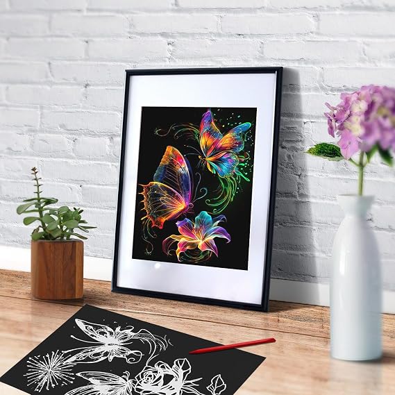 KSIWRE 4 Sheets Scratch Art for Adults & Teens,Beautiful Night View Scratch Painting,Glow in The Dark Rainbow Scratch Paper(Butterfly)