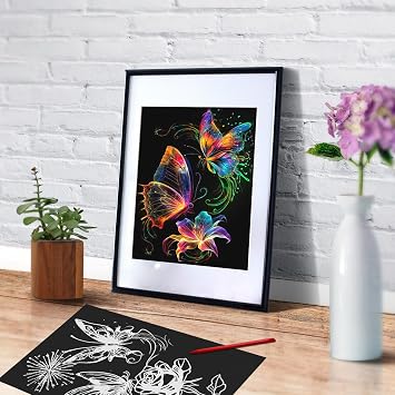KSIWRE 4 Sheets Scratch Art for Adults & Teens,Beautiful Night View Scratch Painting,Glow in The Dark Rainbow Scratch Paper(Butterfly)