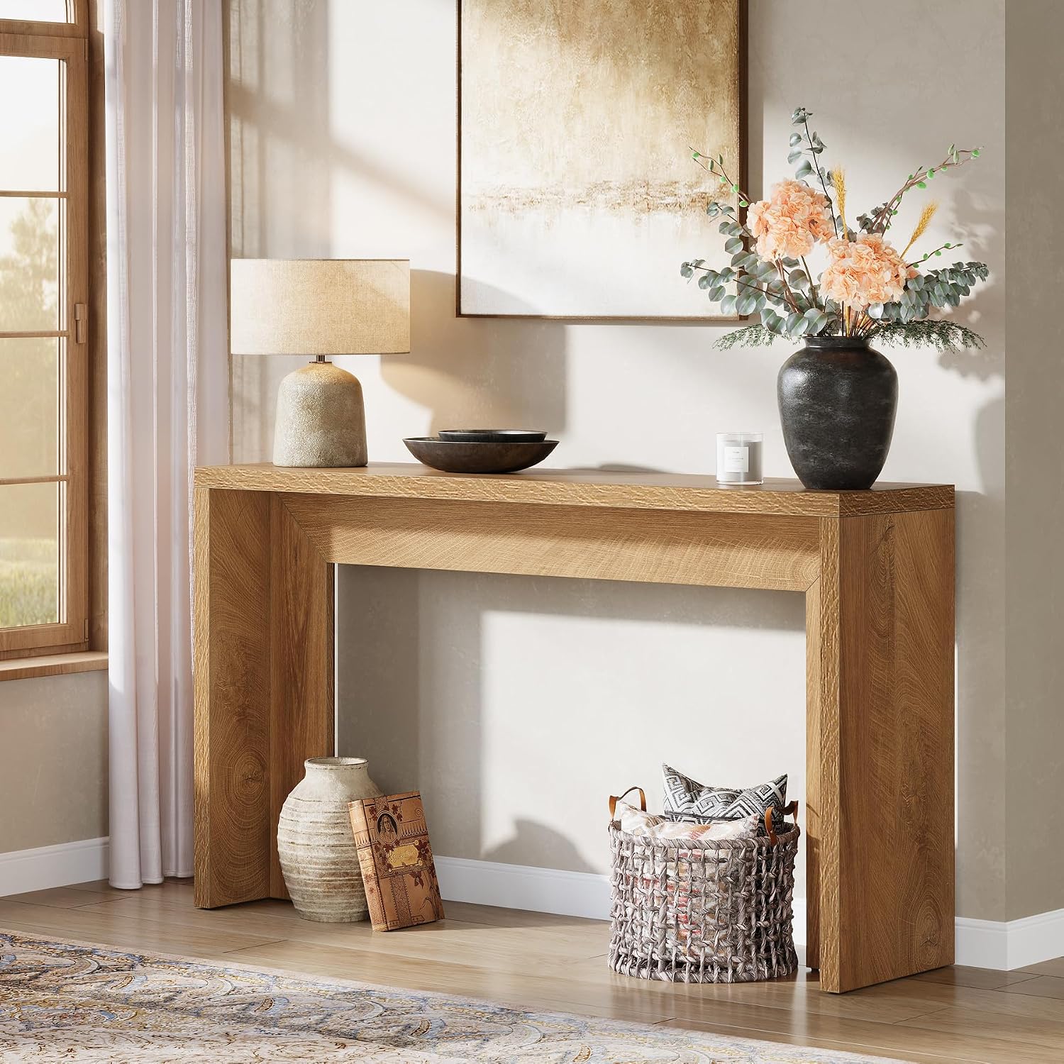 Tribesigns 55-Inch Farmhouse Console Table, Wooden Couch Table Behind Sofa with Storage, Narrow Long Entryway Hallway Stand for Living Room, Entrance (Light Brown)