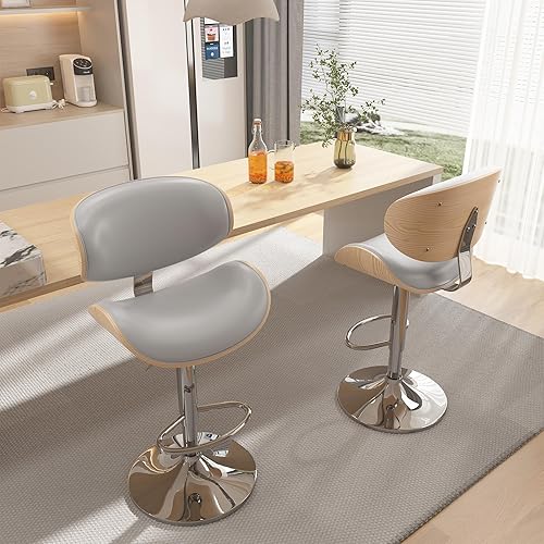 Miniatura 2 de YaFiti Juego de 2 taburetes de bar para isla de cocina con respaldo de madera curvada y asiento de cuero, taburetes de bar giratorios para encimera