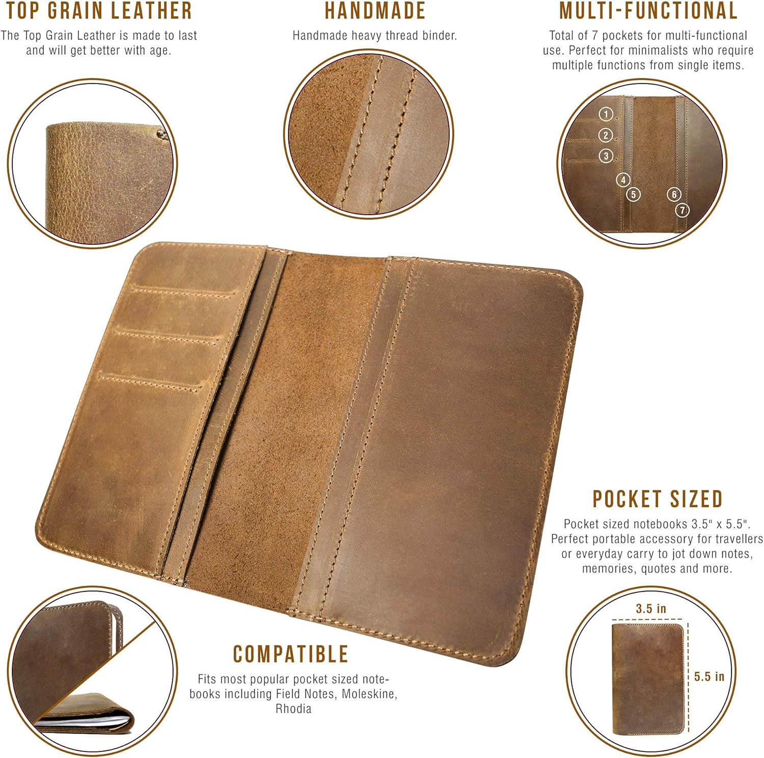 Jack's Point Leather Field Notes Cover for Memo - Pocket Sized Notebook, fits 3.5” x 5.5” Notebooks, Hand Stitched Brown Real Top Grain Leather, Multiple Pockets for Extra Functionality