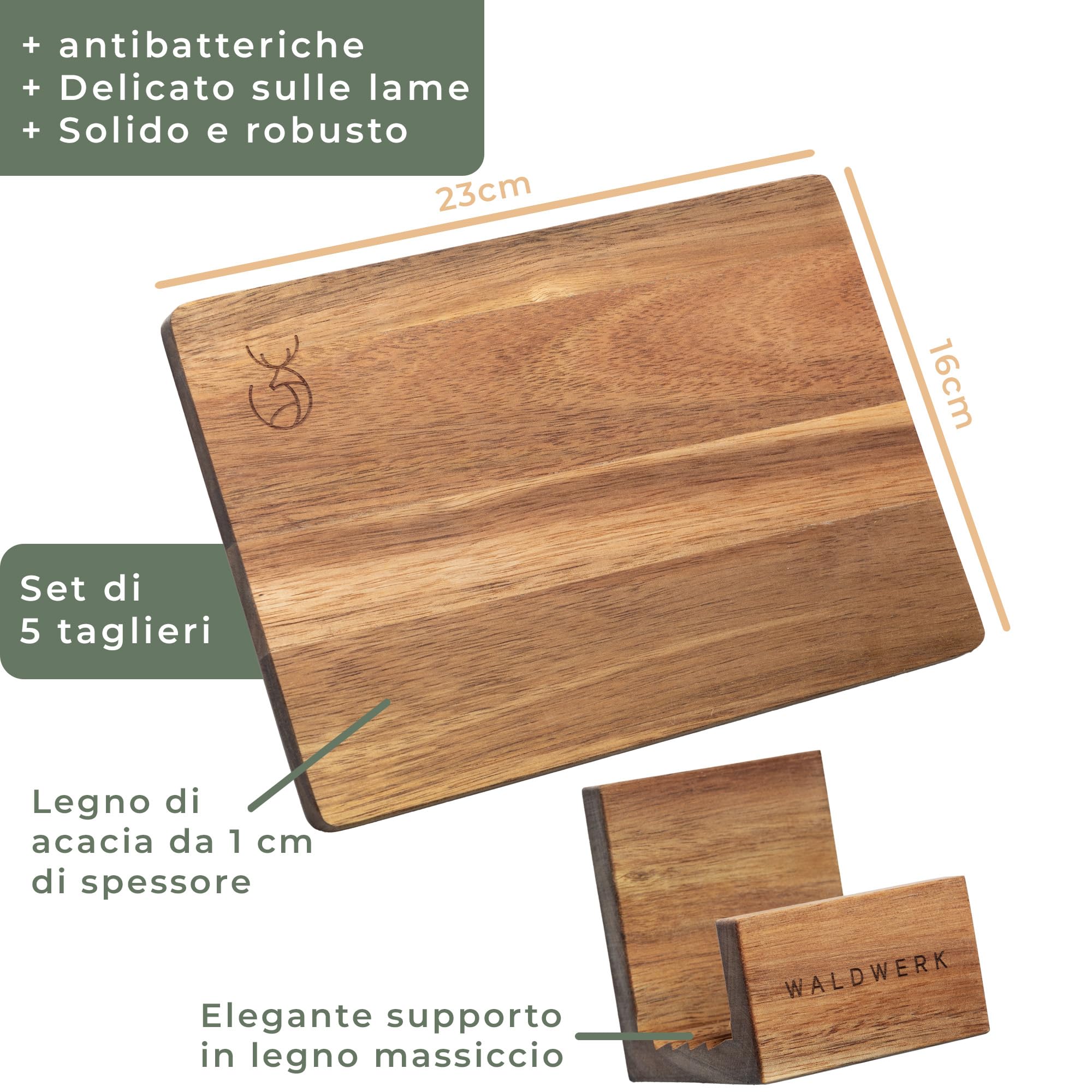 WALDWERK Set di 5 taglieri da colazione (23 x 16 x 1 cm) in legno massiccio di acacia – Tagliere da cucina con supporto – 5 tagliere legno – Tagliere in legno perfetti per la colazione