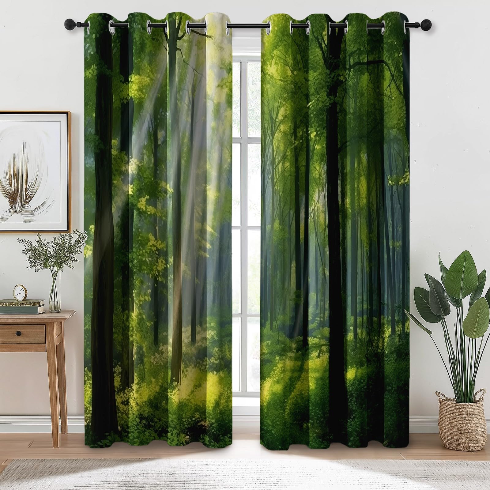 Rideau occultant vert nature jungle 150x280cm | Paire de rideaux thermiques à oeillets imprimés