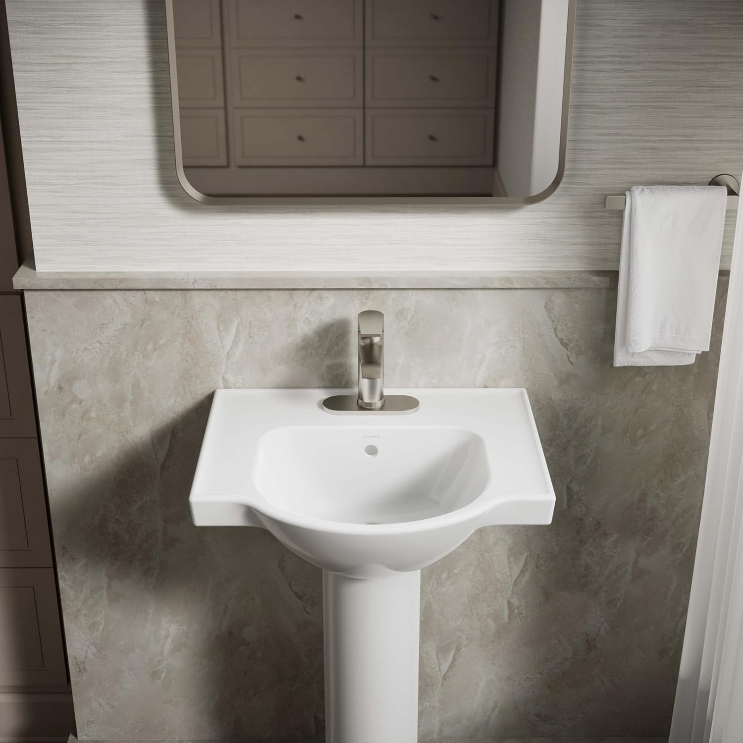 Kohler 5265-4-0 Veer Pedestal Bathroom Sink with 4-Inch Centerset Faucet Holes, 21-Inch, White