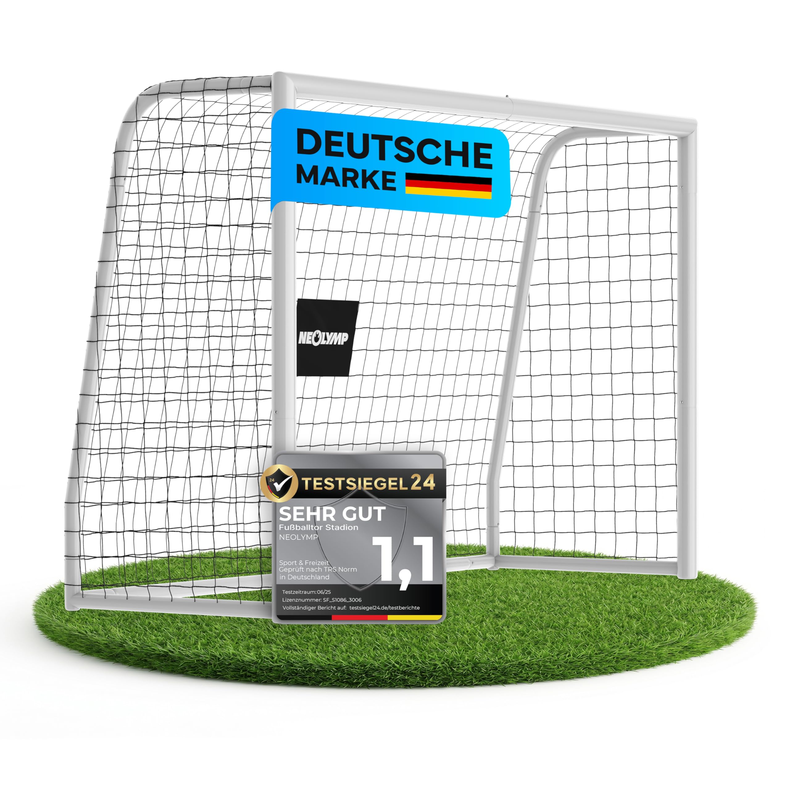 NEOLYMP Fußballtor für Garten – Robustes Stadion-Tor aus Metall, korrosionsgeschützt – Wetterfestes Fußballtor Kinder Outdoor inkl. Heringe – Klicksystem & Polyester-Netz – Einfacher Aufbau