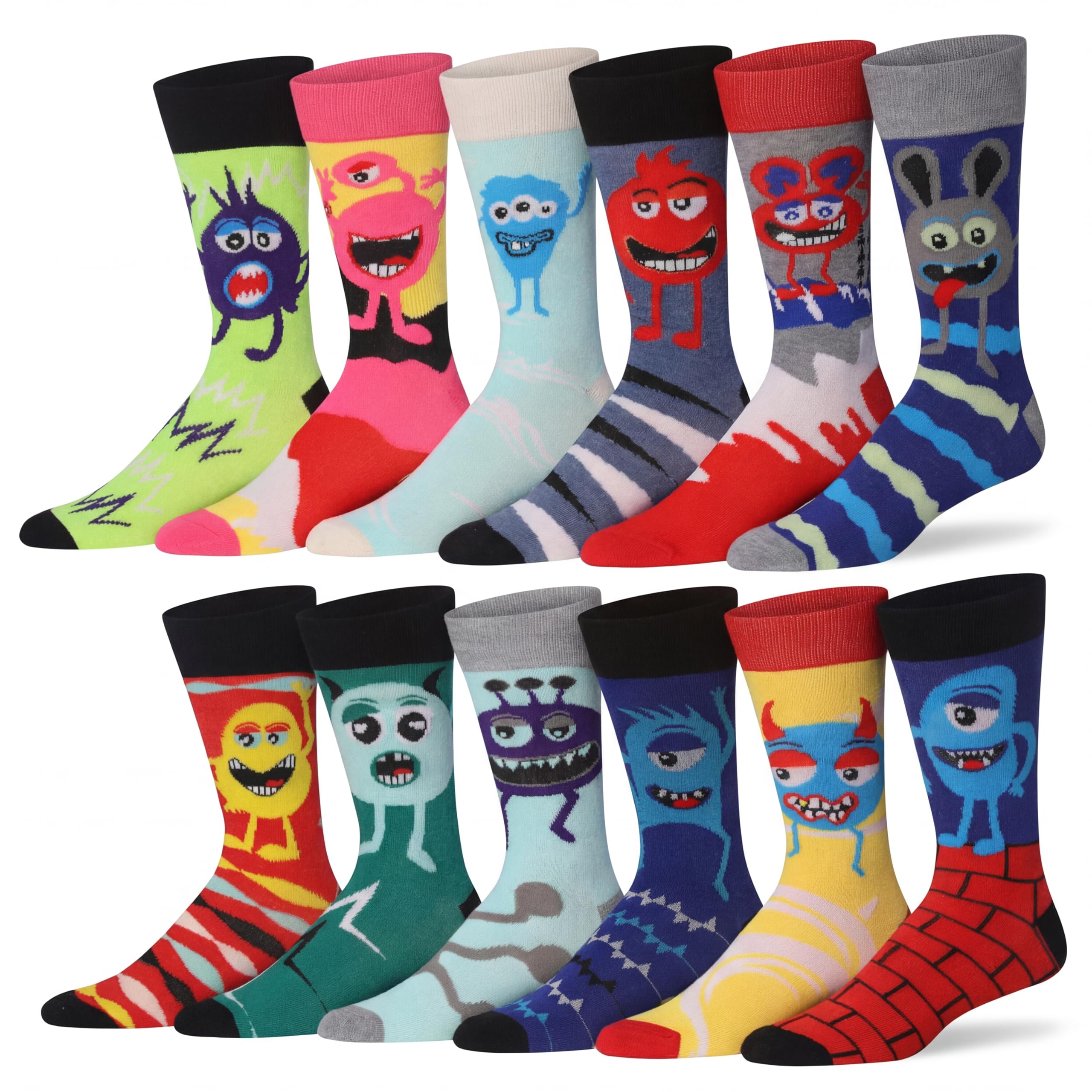 JAMES FIALLO Dress Socks for Men, Men's Casual Colorful Fun Novelty Fashion Patterned 12-Pairs Playful Funny Monster Funky Crazy Novelty Colorful Patterned Dress Socks, M217-T1