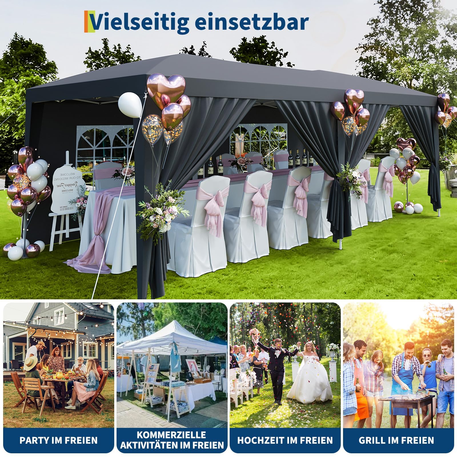 Heavy Duty Pavillon 3x6 m Mit 6 Abnehmbaren Seitenwänden, Easy Pop Up Kommerzielle Partyzelt, Große Außenüberdachungen Mit 3 Verstellbaren Höhen, Dunkelgrau, 210D