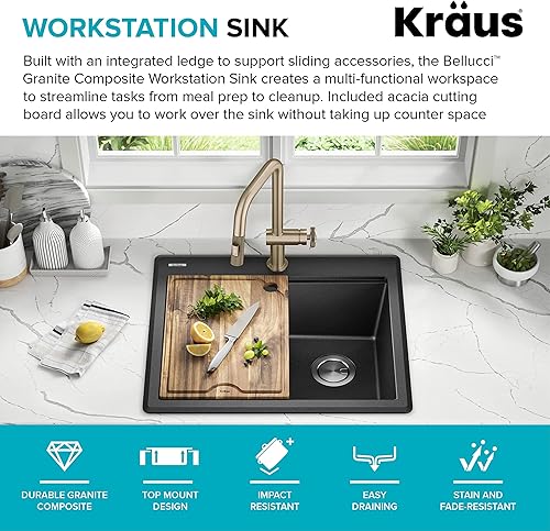 Miniatura 3 de KRAUS Bellucci KGTW12-25MBL - Fregadero de cocina con estación de trabajo de granito de 25 pulgadas, montaje superior, color negro metálico
