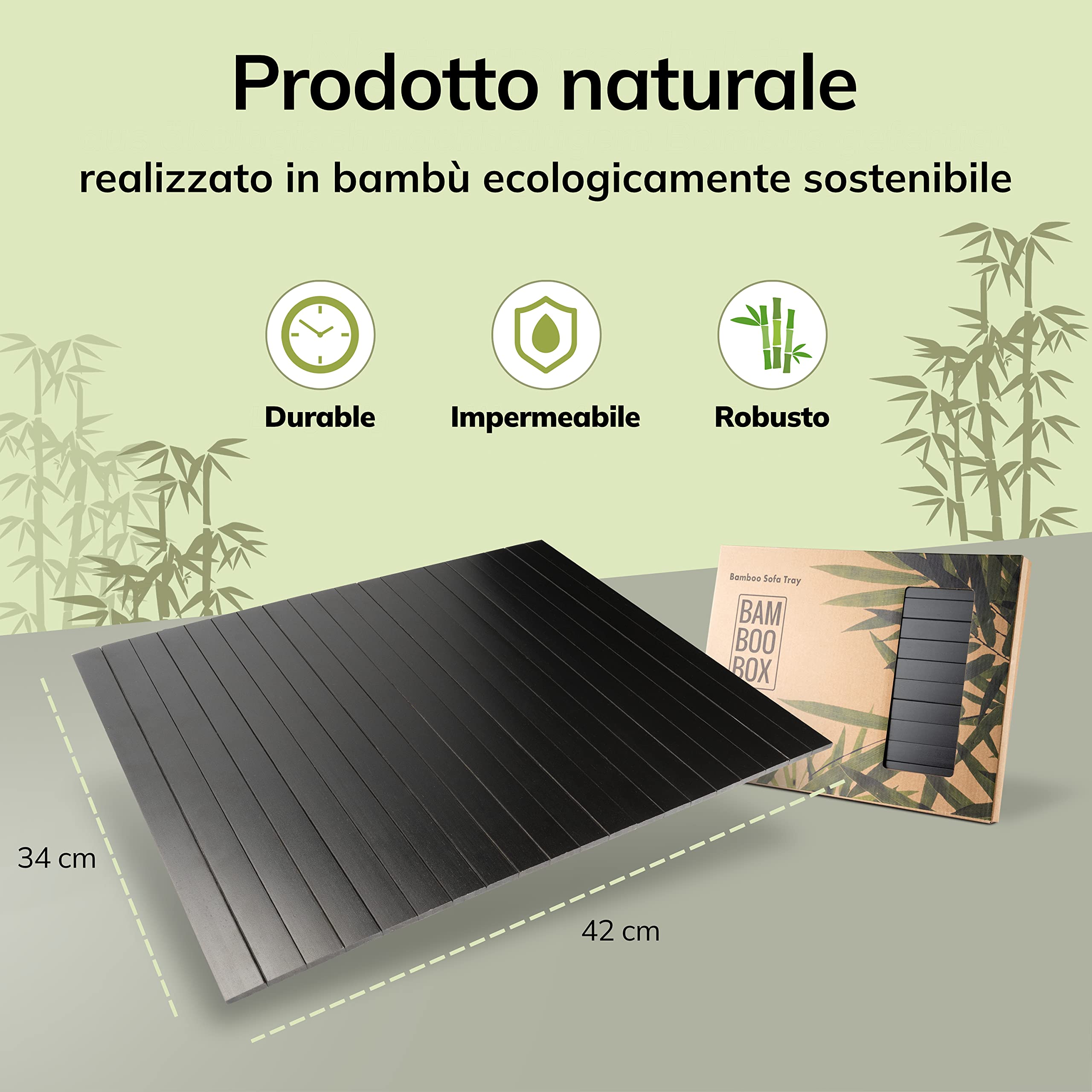 BAM BOO BOX Vassoio da Divano Bambù – Vassoio Bracciolo Divano 42x34x0,7cm – Portabicchieri Tavolino Aperitivo – Bambù Legno Naturale | Per Bicchieri, Tazze & Piatti (Nero)