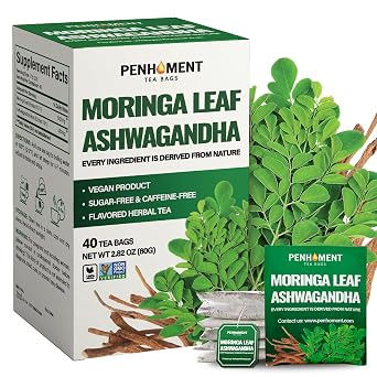 PENHOMENT Moringa Leaf Tea Bags with Ashwagandha - 40 Tea bags, 2gr/bag - Non-GMO/Caffeine free