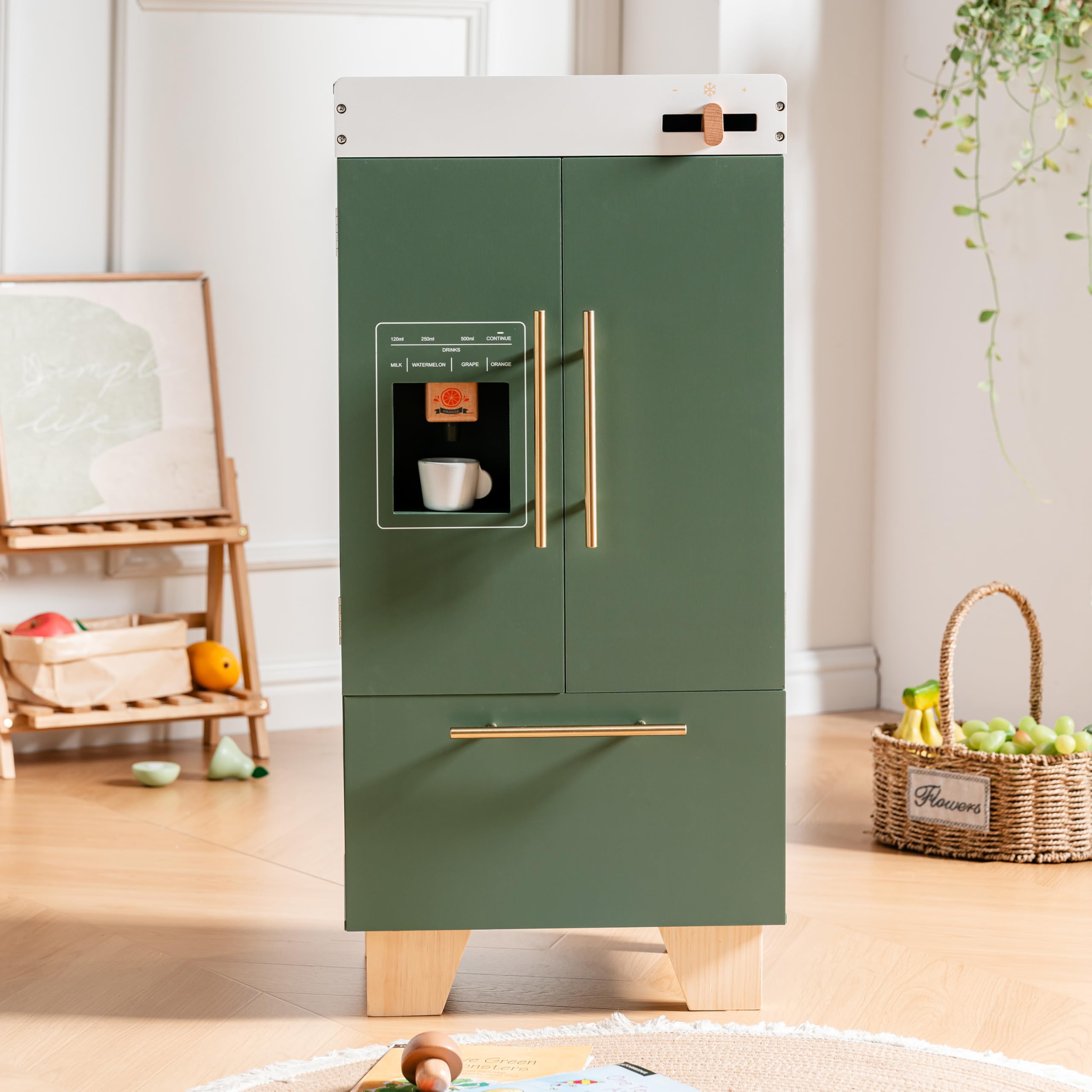 ROBUD Wooden Toy Fridge | Kids Toy Kitchen Refrigerator with Beverage Dispenser & Accessories, Interactive Toy Fridge for Pretend, Gifts for Girls Boys Toddlers Toy Age 3+