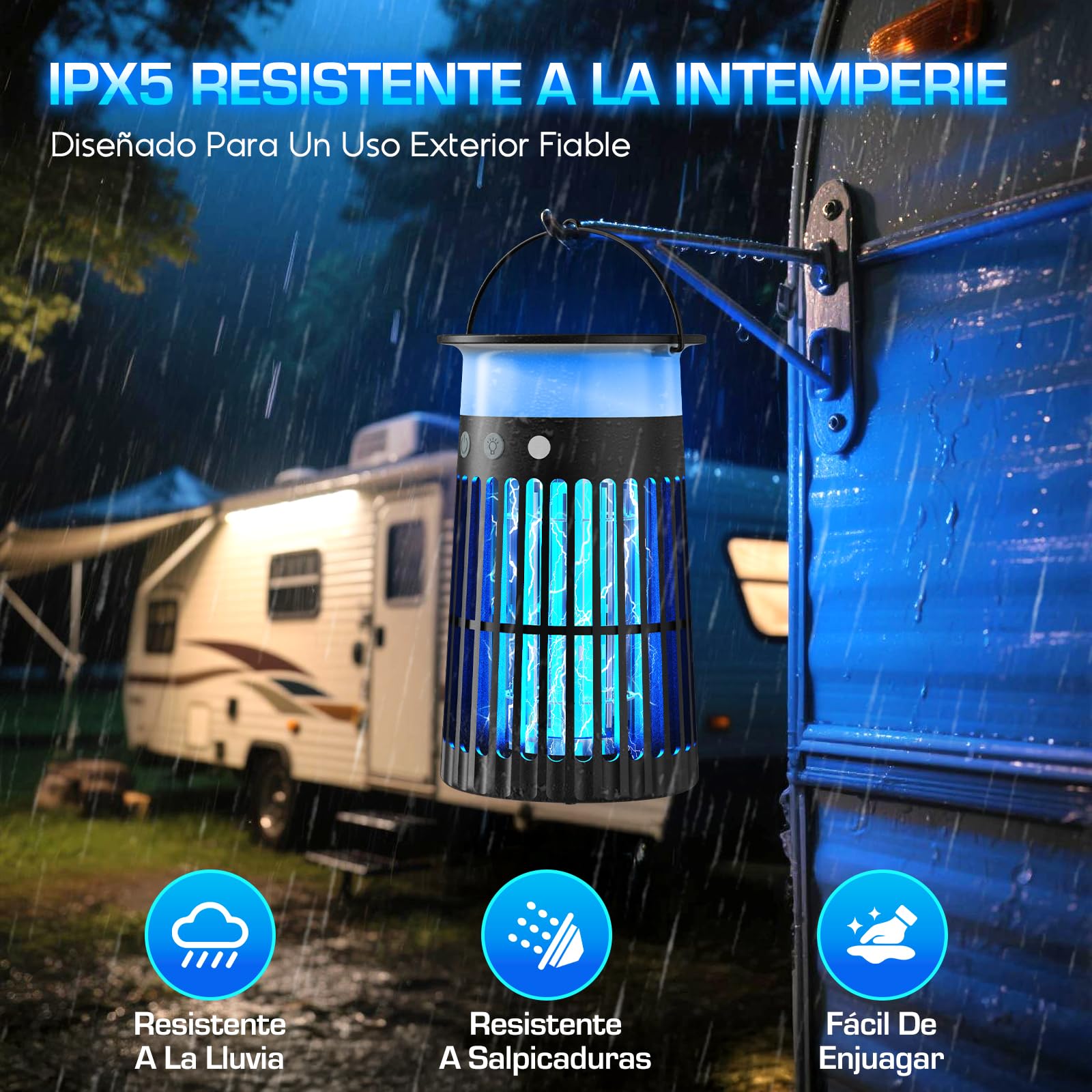 Lámpara Antimosquitos Solar de Exterior, Mata Mosquitos Eléctrico 4200V, Impermeable IPX5, Carga Solar y USB-C, Batería 4000mAh, Sin Cables para Jardín, Terraza, Balcón e Interior