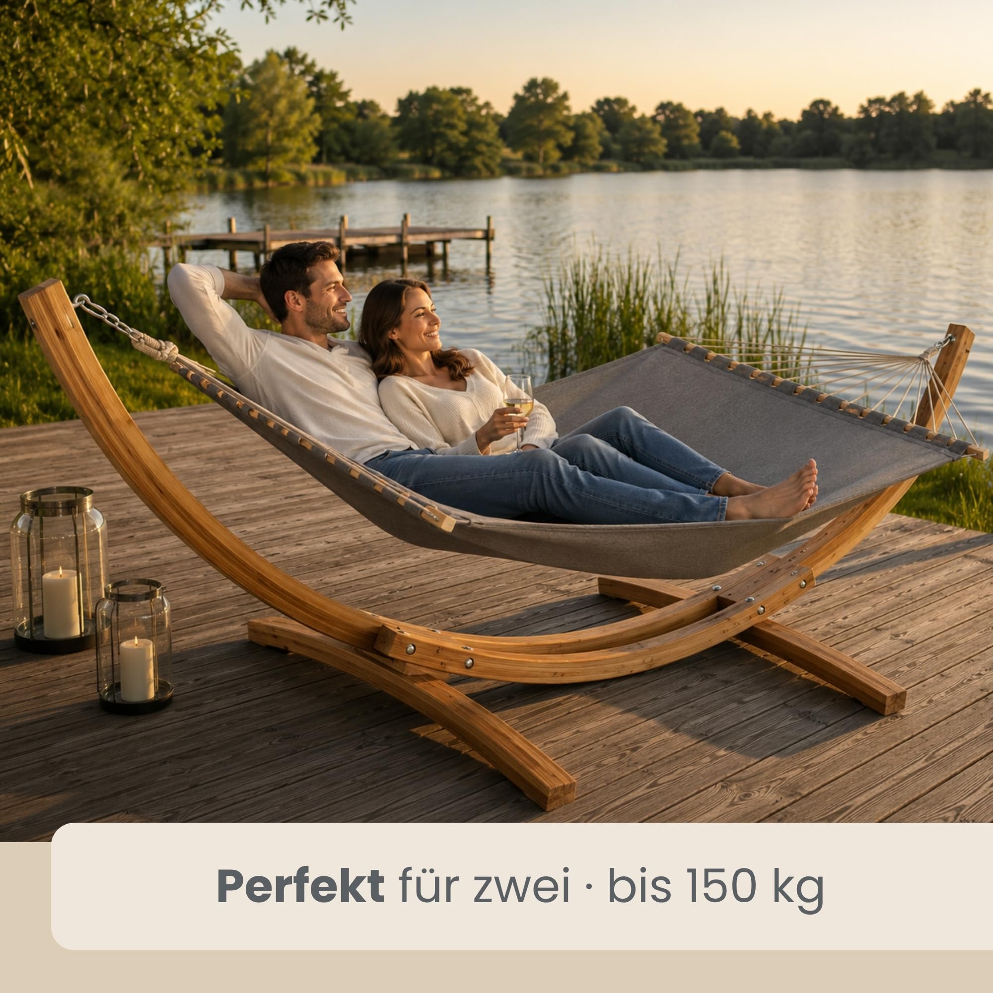 AMANKA XXL Hängematte mit Gestell 325 cm – stabiles Outdoor Hängemattengestell aus Holz mit Grauer Stabhängematte für Zwei Personen – entspanntes Hängemattenset für Garten Balkon oder Terrasse
